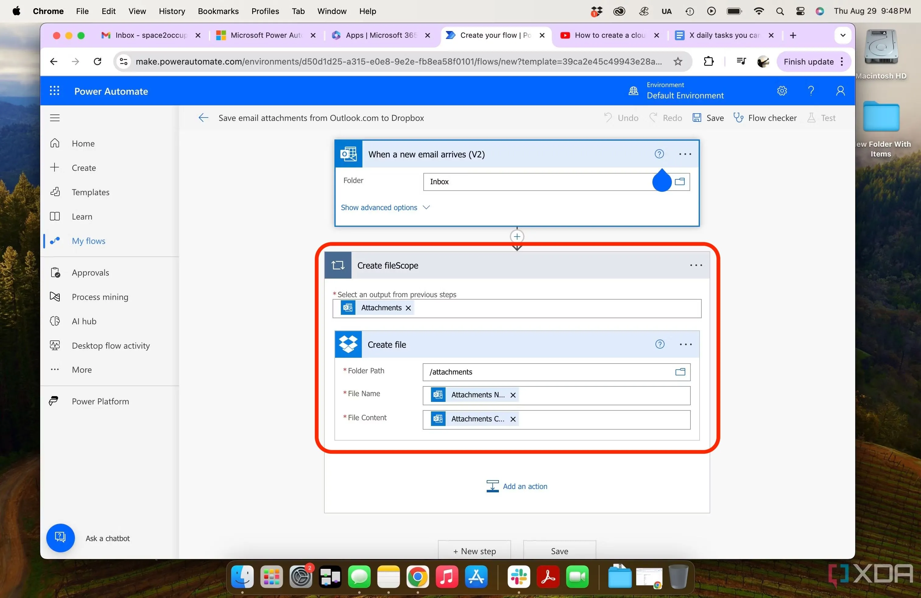 Giao diện Microsoft Power Automate hiển thị quy trình tự động tải tệp đính kèm từ Outlook và lưu vào Dropbox, tối ưu hóa công việc văn phòng