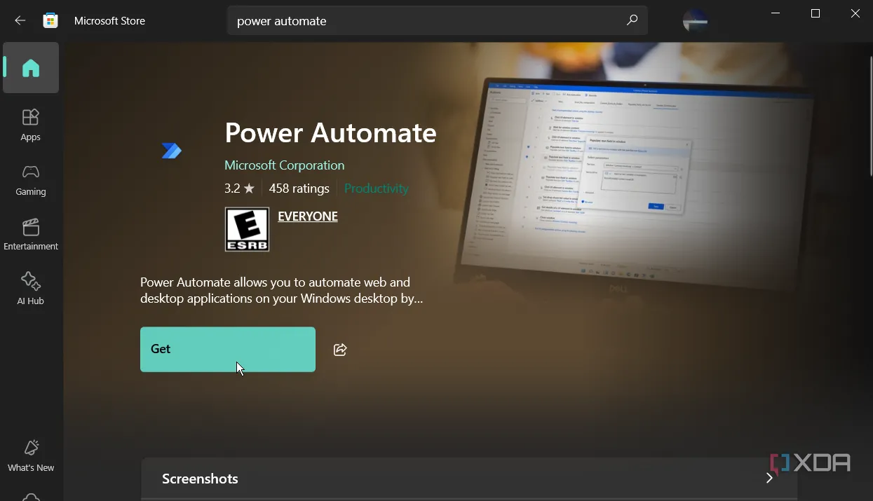 Giao diện Microsoft Store hiển thị Power Automate có sẵn miễn phí trên Windows 10, thu hút người dùng tìm kiếm giải pháp tự động hóa