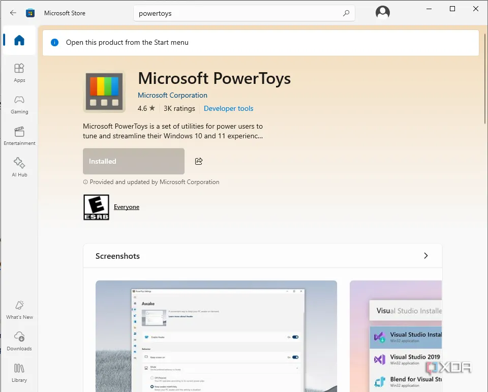 Giao diện Microsoft Store hiển thị ứng dụng PowerToys, nơi người dùng có thể tải về và cài đặt.