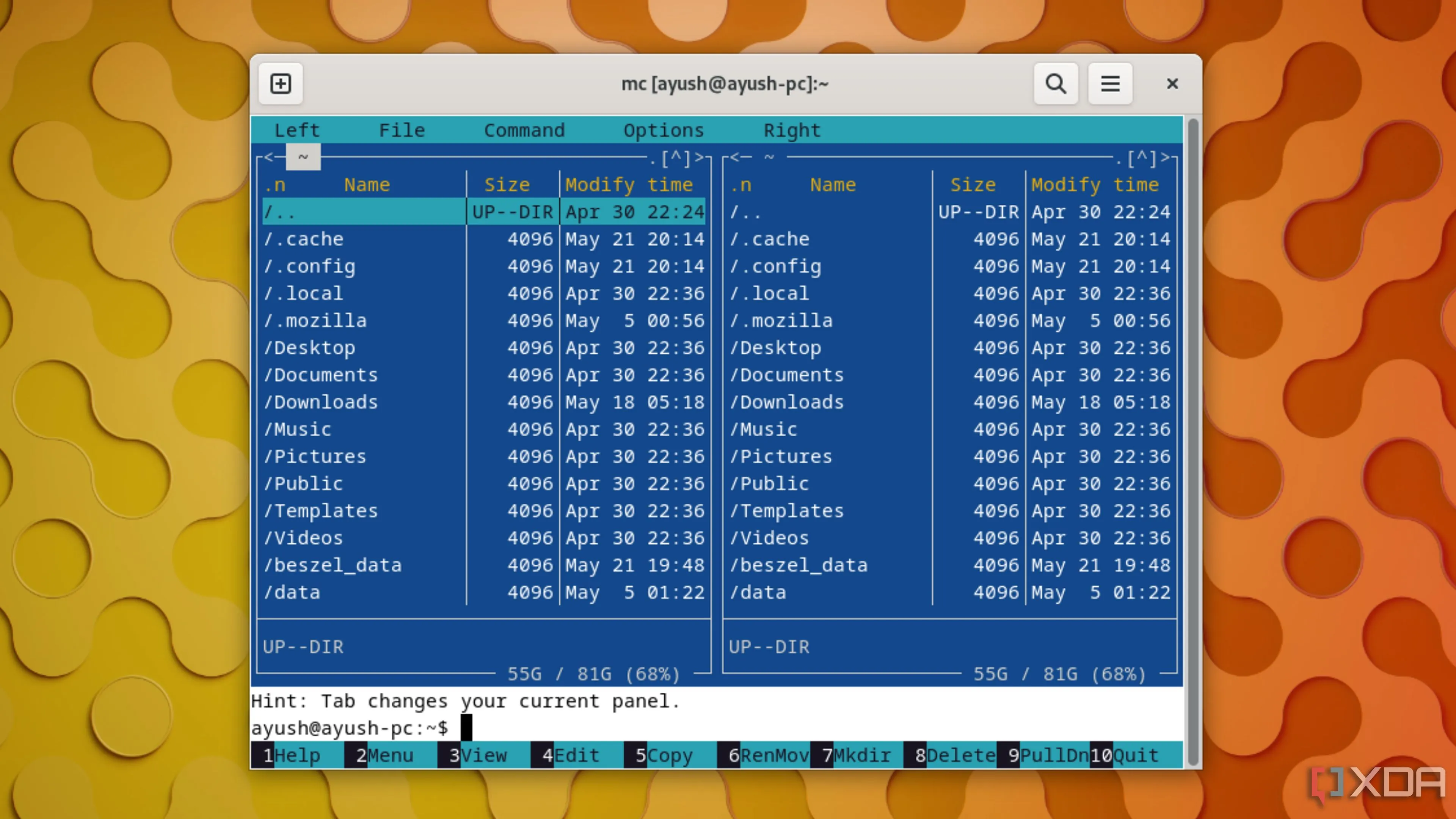 Giao diện Midnight Commander hoạt động trong môi trường terminal Linux, minh họa tiện ích quản lý file dòng lệnh hiệu quả