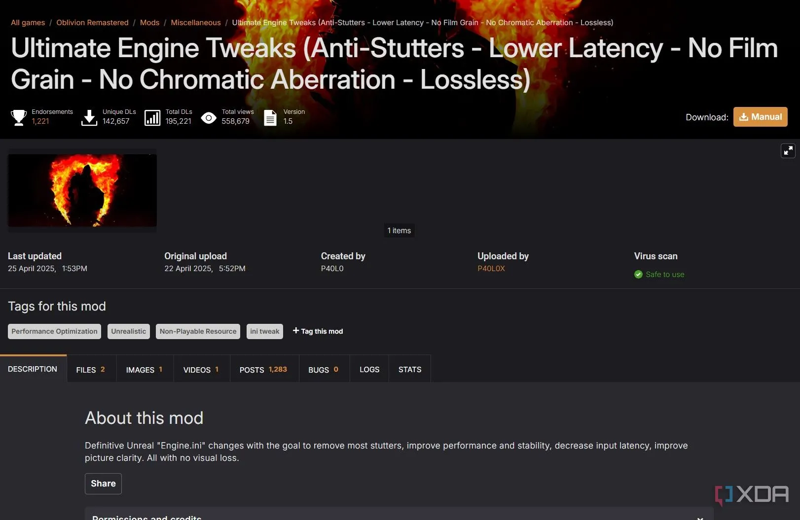 Giao diện mod Ultimate Engine Tweaks cho Oblivion Remastered trên Nexus Mods