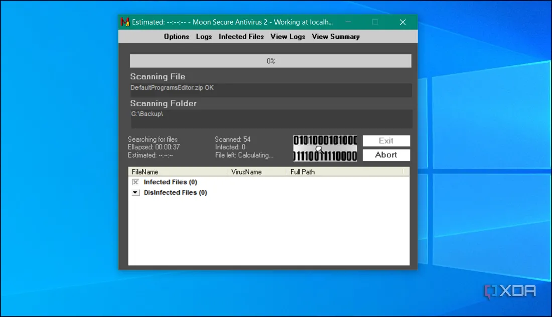 Giao diện MoonSecure Antivirus đang hoạt động trên hệ điều hành Windows, hiển thị trạng thái quét