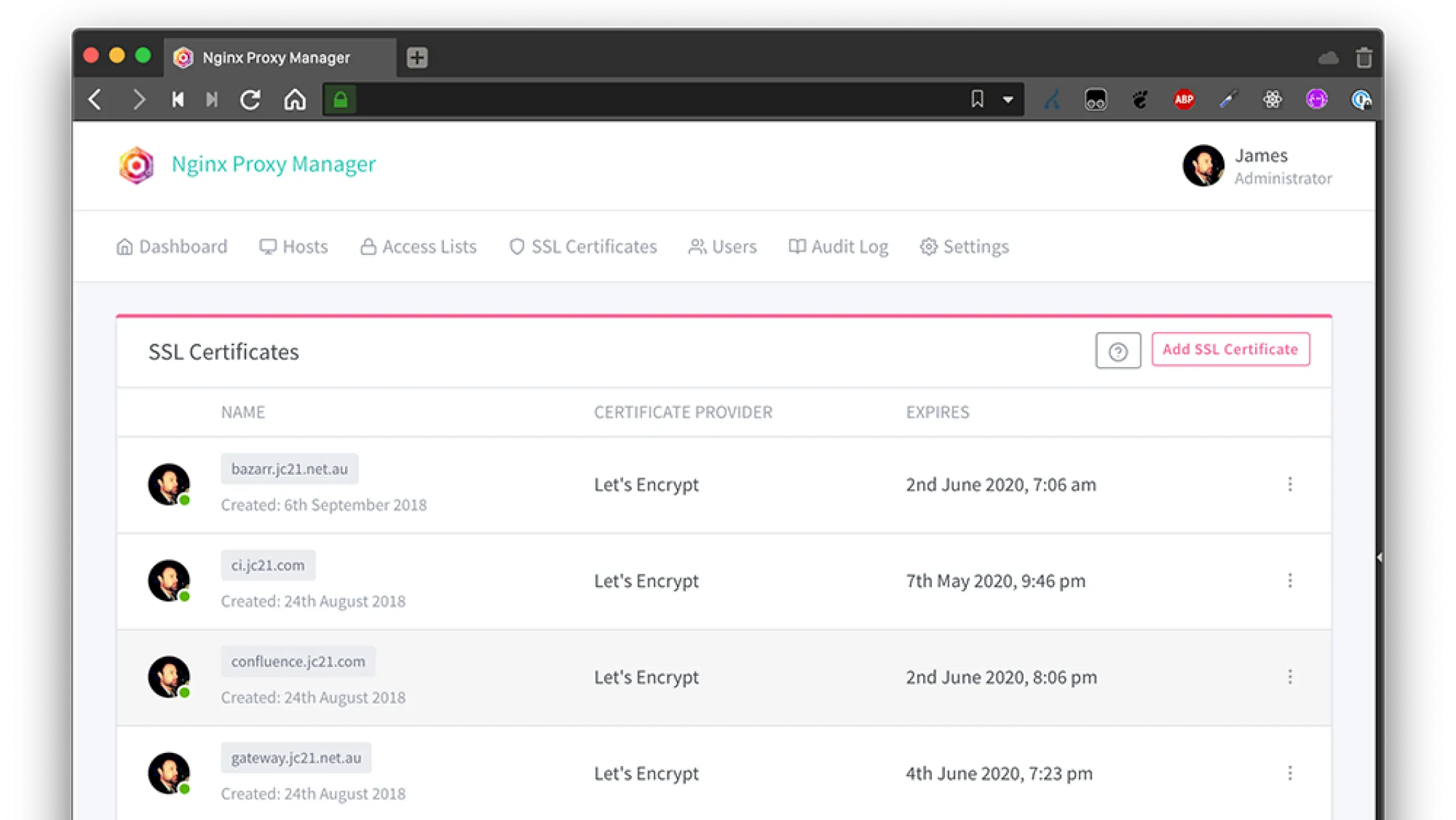 Giao diện Nginx Proxy Manager hiển thị trang quản lý chứng chỉ SSL Let's Encrypt tự động