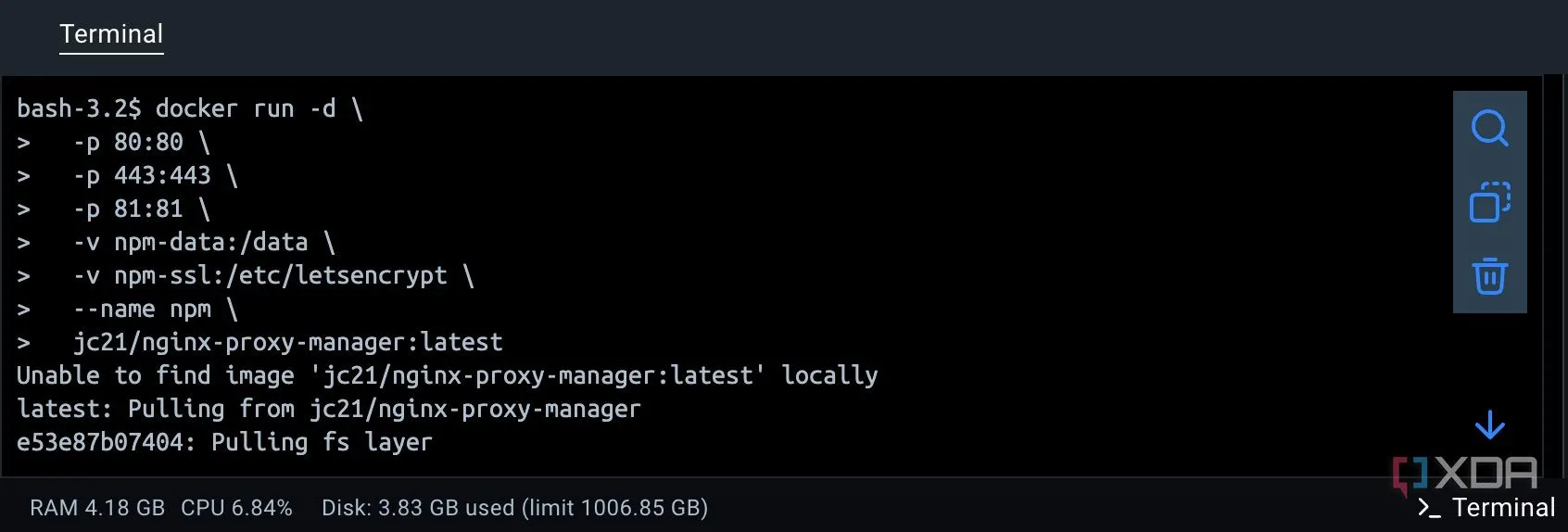 Giao diện Nginx Proxy Manager trong Docker, hiển thị cấu hình host để truy cập Obsidian an toàn qua SSL