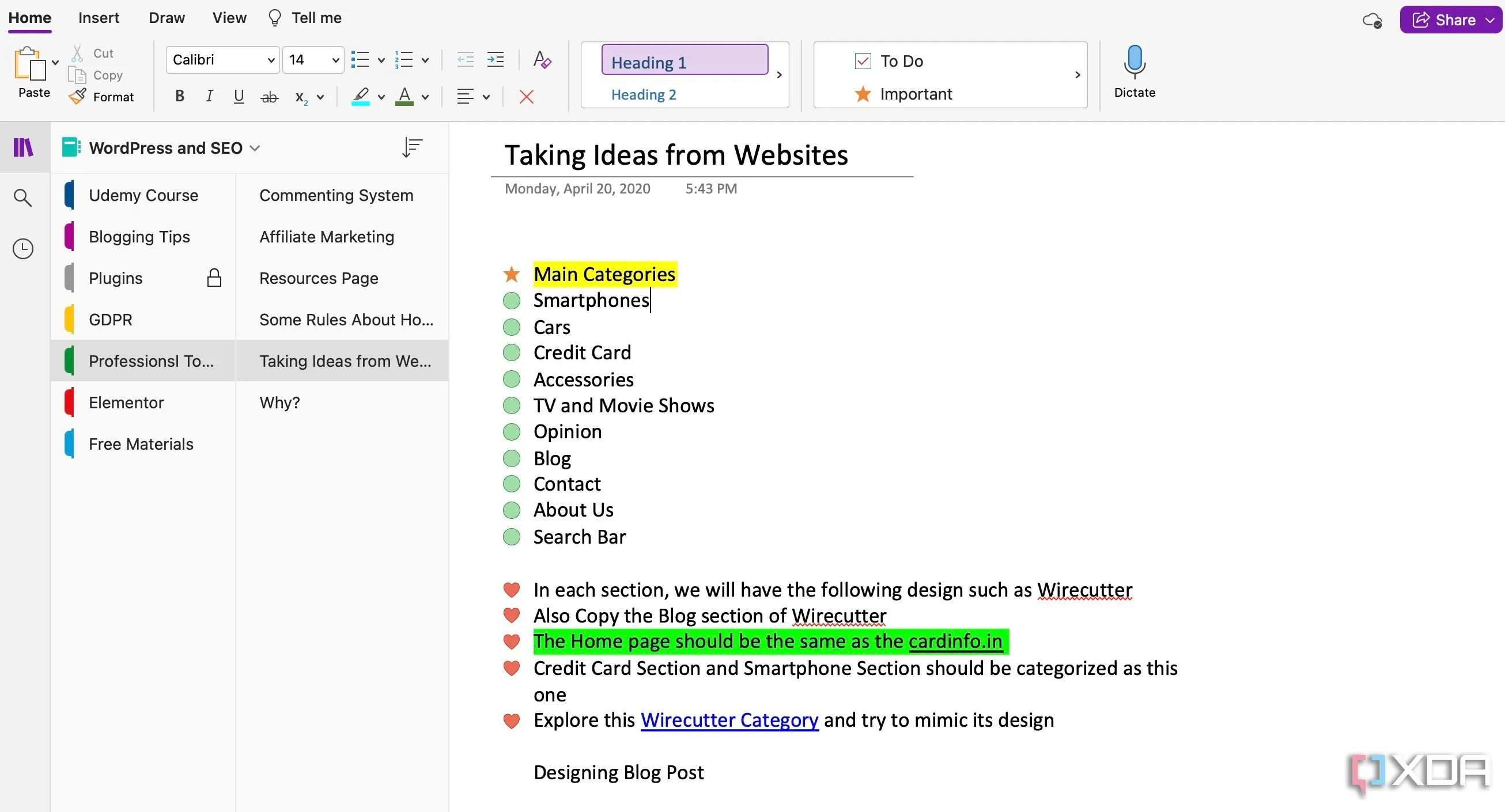 Giao diện người dùng của Microsoft OneNote, tổ chức ghi chú theo sổ tay