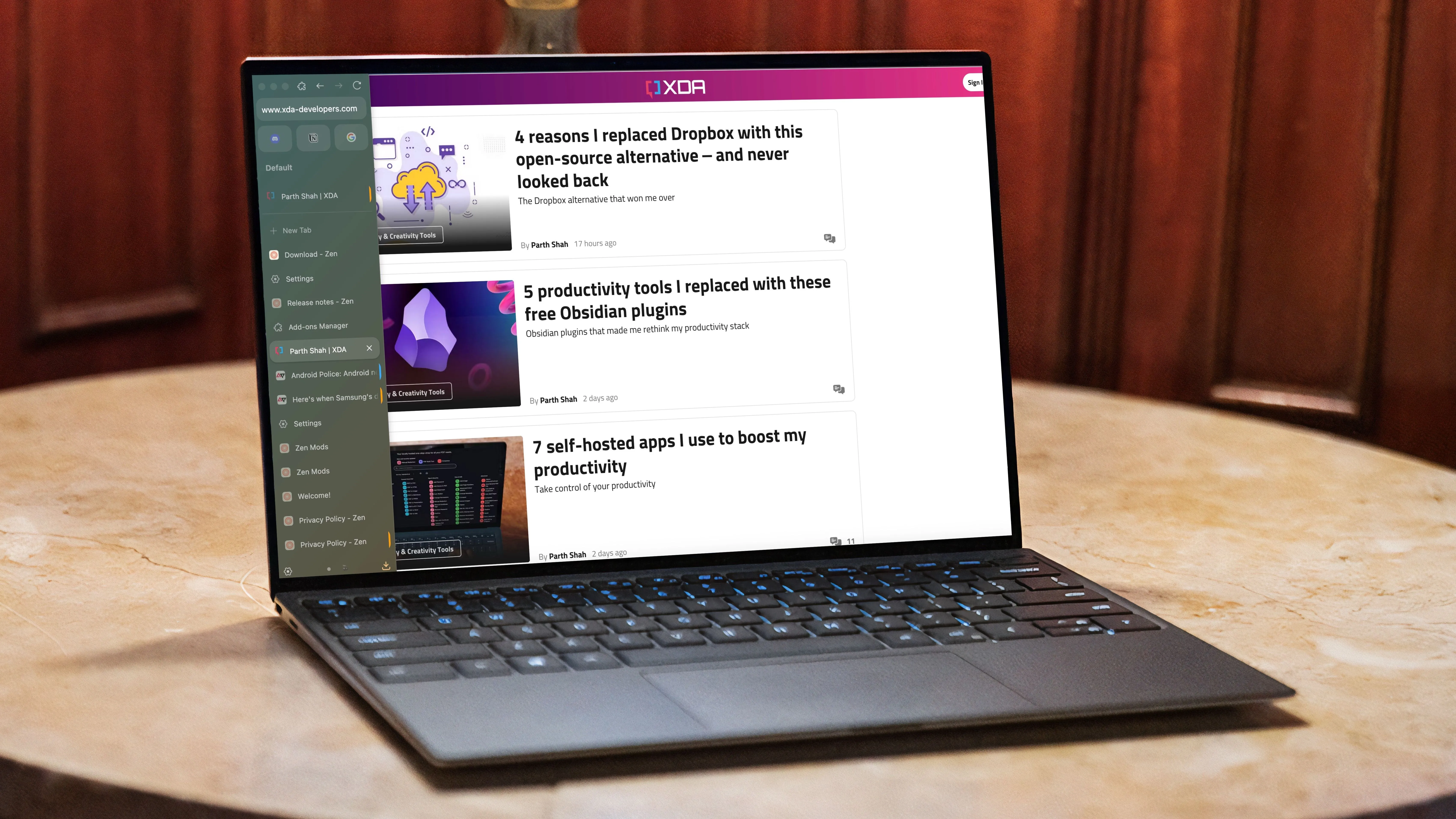 Giao diện người dùng độc đáo của Zen Browser với các tab được sắp xếp bên cạnh, thể hiện khả năng tùy biến và năng suất cao