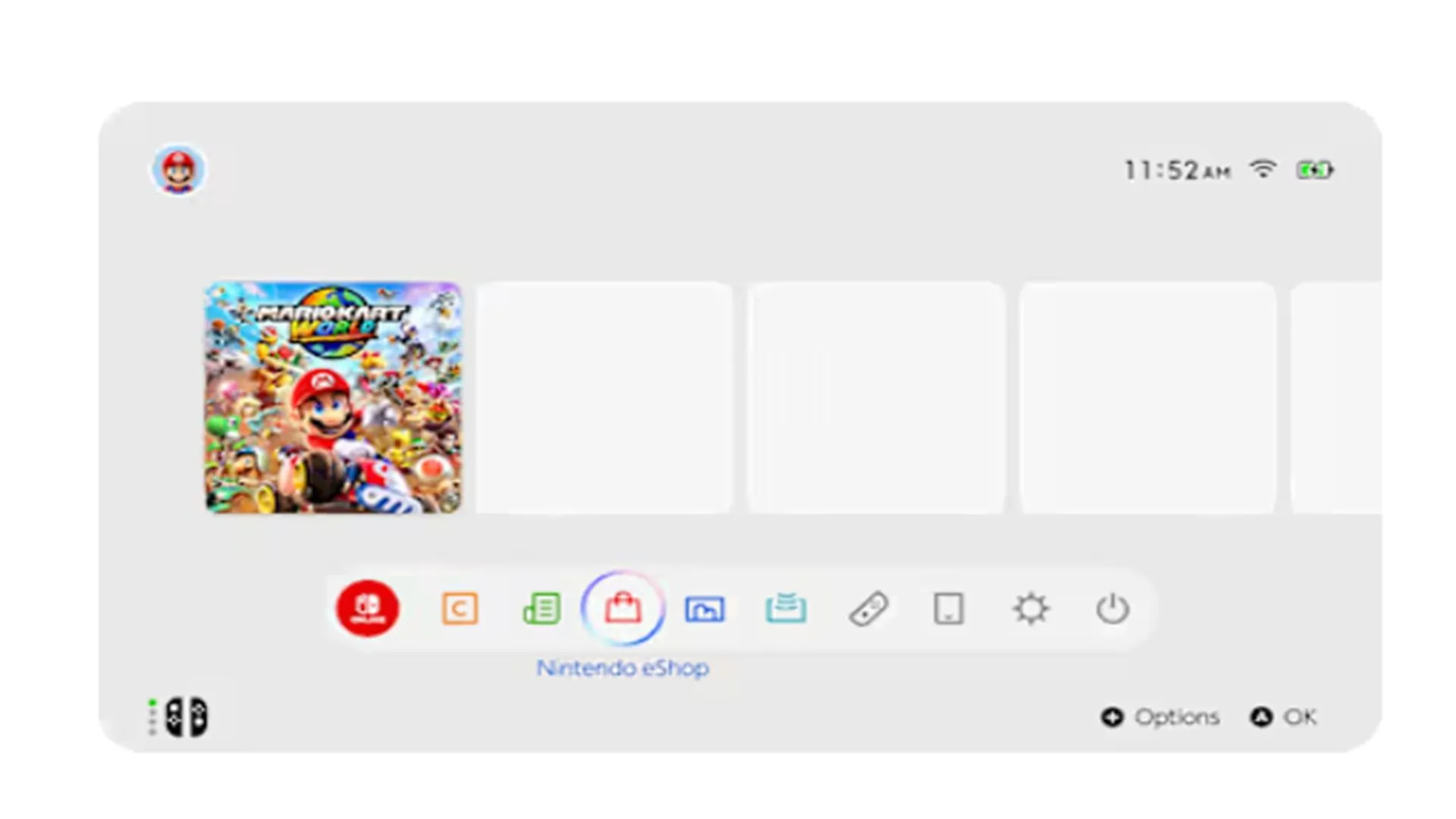 Giao diện người dùng (UI) màn hình chính Nintendo Switch 2, cho thấy sự tương đồng với bản tiền nhiệm