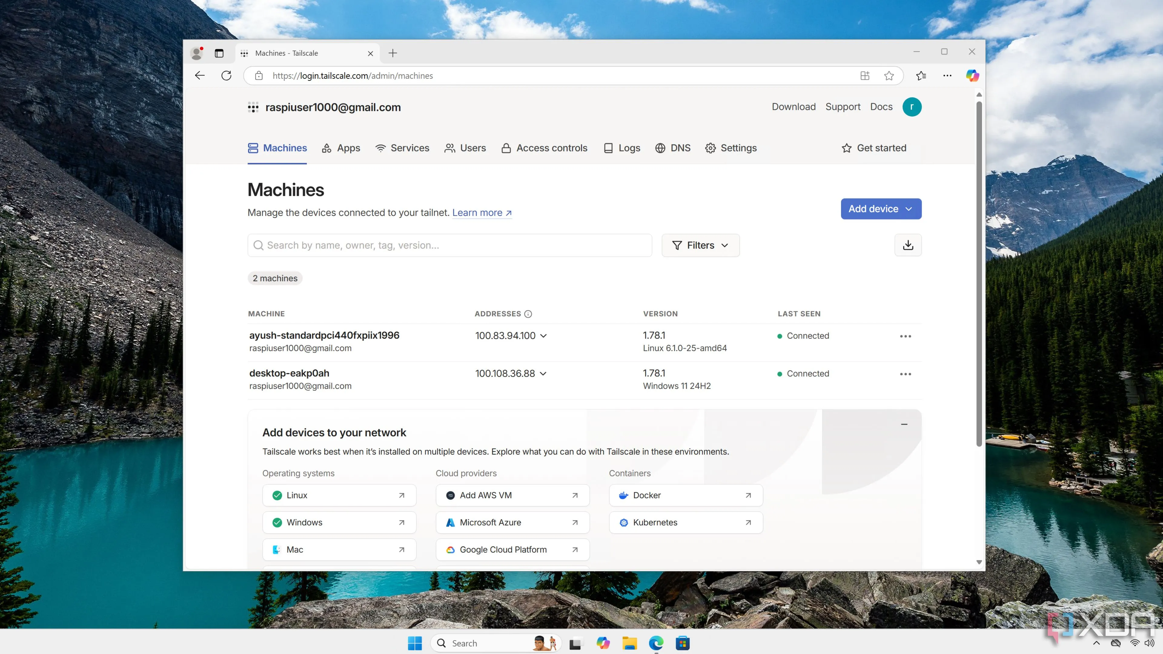 Giao diện người dùng web của Tailscale hiển thị các thiết bị đã kết nối
