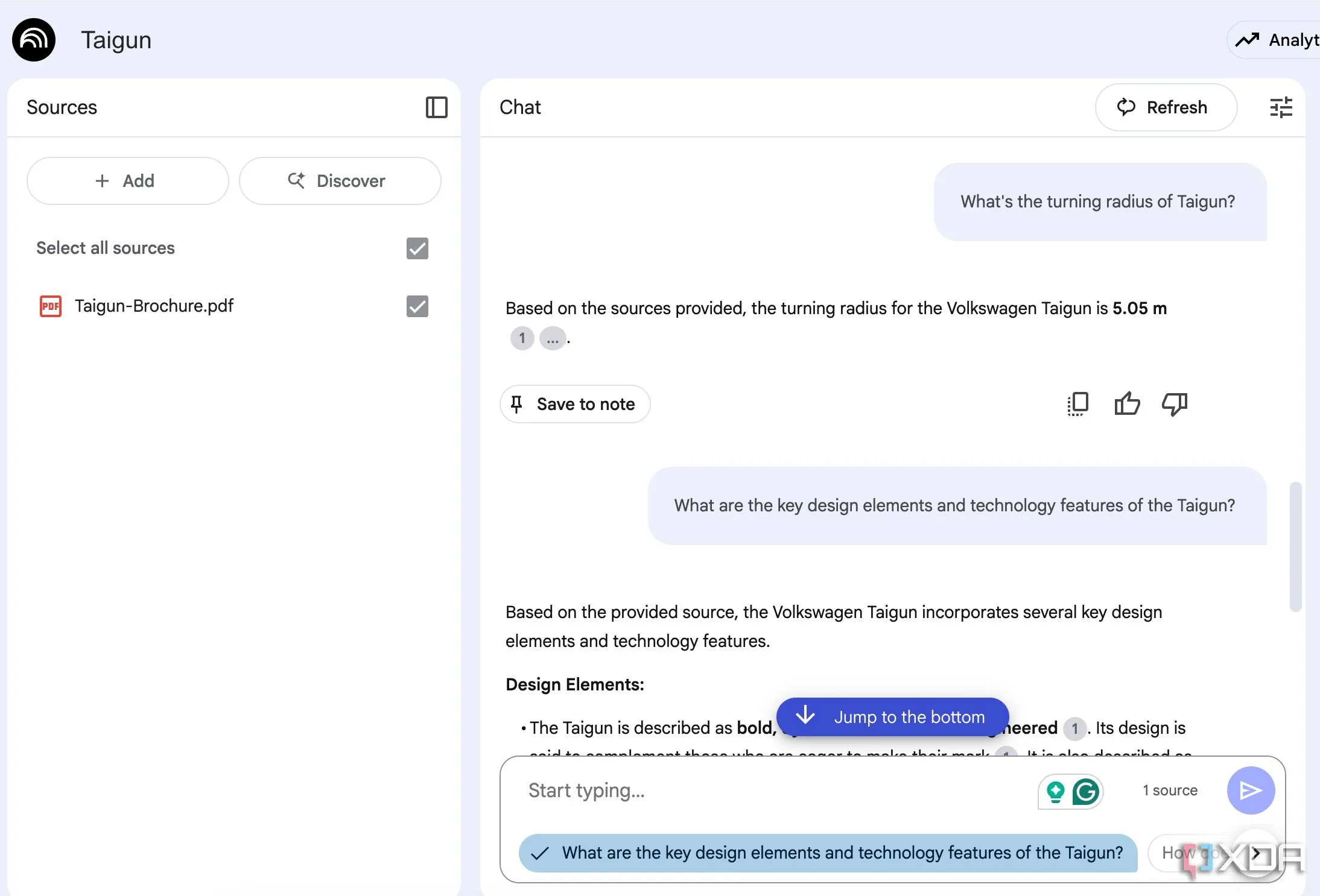 Giao diện NotebookLM hiển thị tính năng chat với tệp PDF dài, giúp trích xuất thông tin nhanh chóng