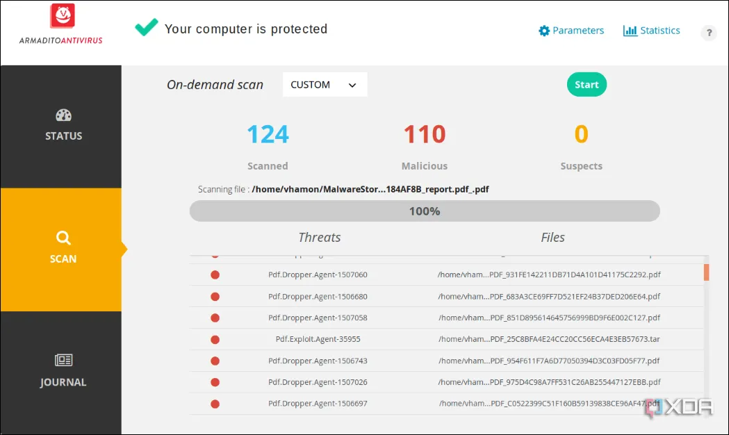Giao diện phần mềm Armadito Antivirus đang thực hiện quá trình quét tìm mã độc