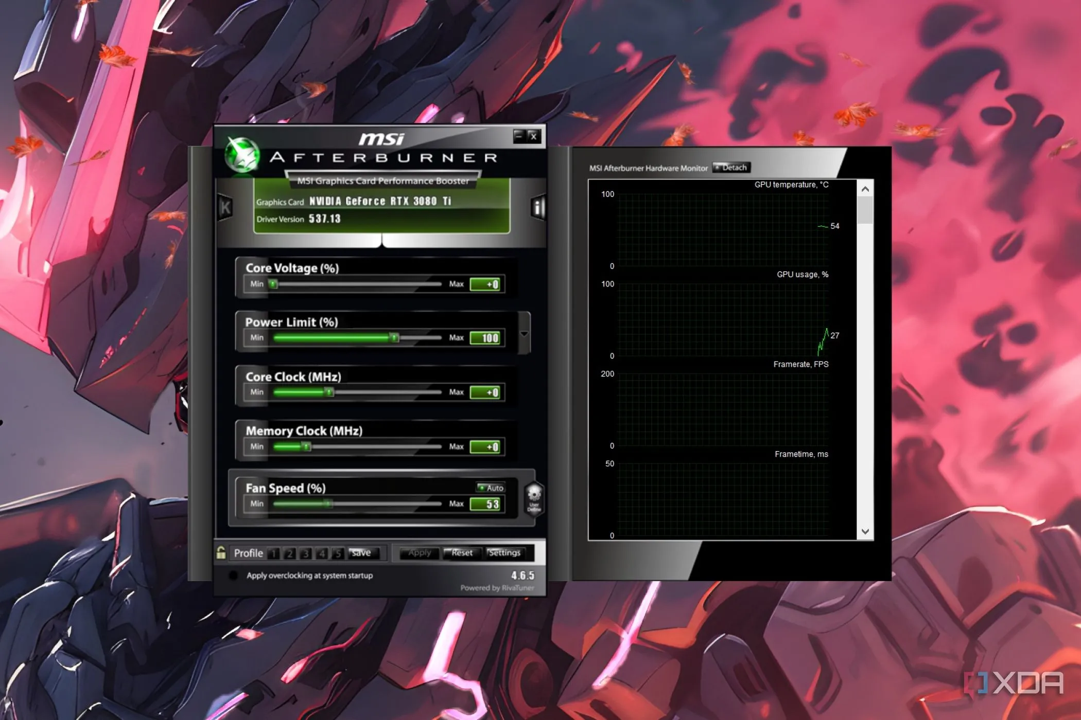 Giao diện phần mềm MSI Afterburner, công cụ giúp tùy chỉnh đường cong quạt (fan curve) cho card đồ họa