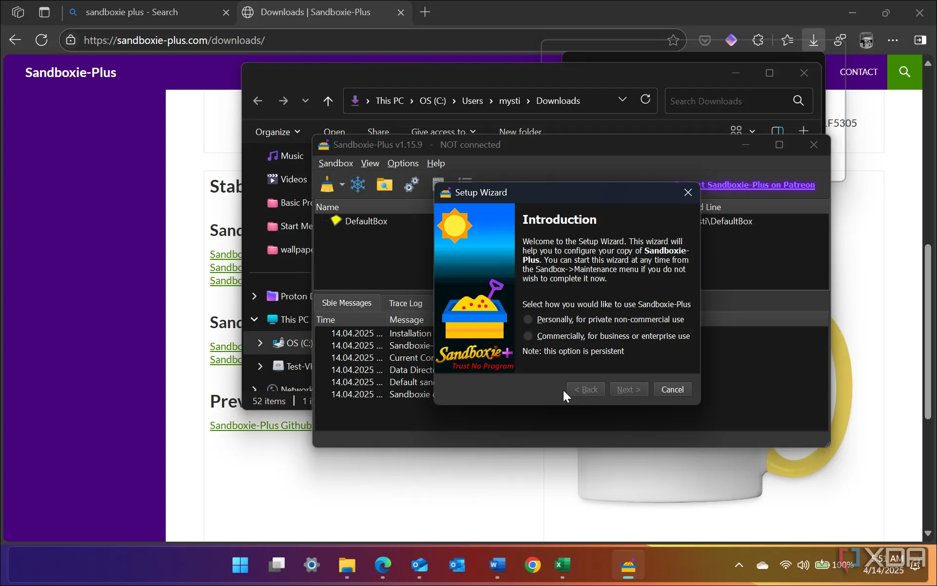 Giao diện phần mềm Sandboxie Plus đang hoạt động trên Windows 11, tạo môi trường ảo an toàn để kiểm tra ứng dụng