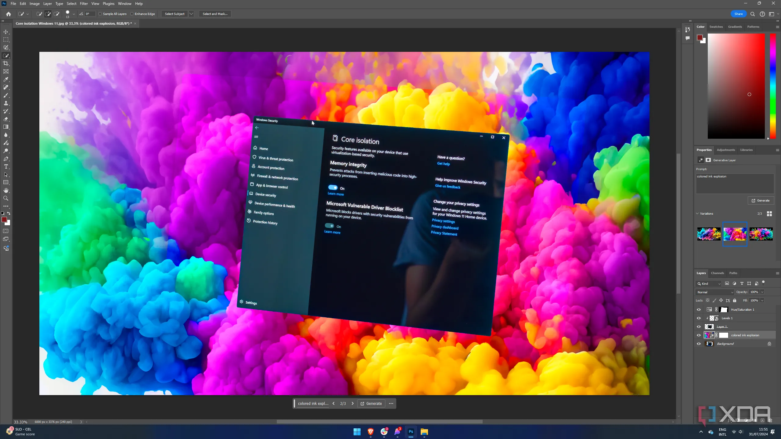 Giao diện Photoshop với hình ảnh chủ thể được tách nền và thay thế bằng nền do AI tạo