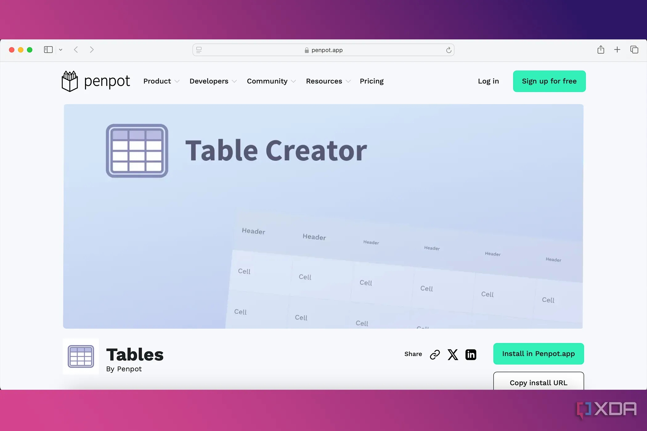 Giao diện plugin Tables của Penpot để chèn và chỉnh sửa bảng dữ liệu