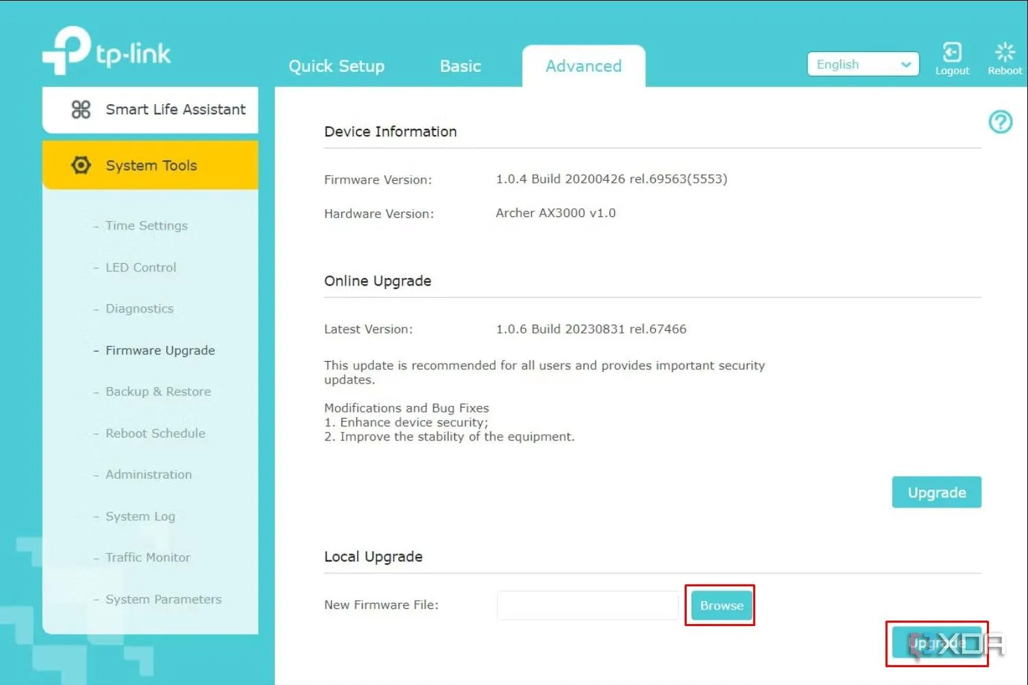 Giao diện quản lý web của router TP-Link hiển thị tùy chọn nâng cấp Firmware, nhấn mạnh tầm quan trọng của việc cập nhật định kỳ để vá lỗi bảo mật.