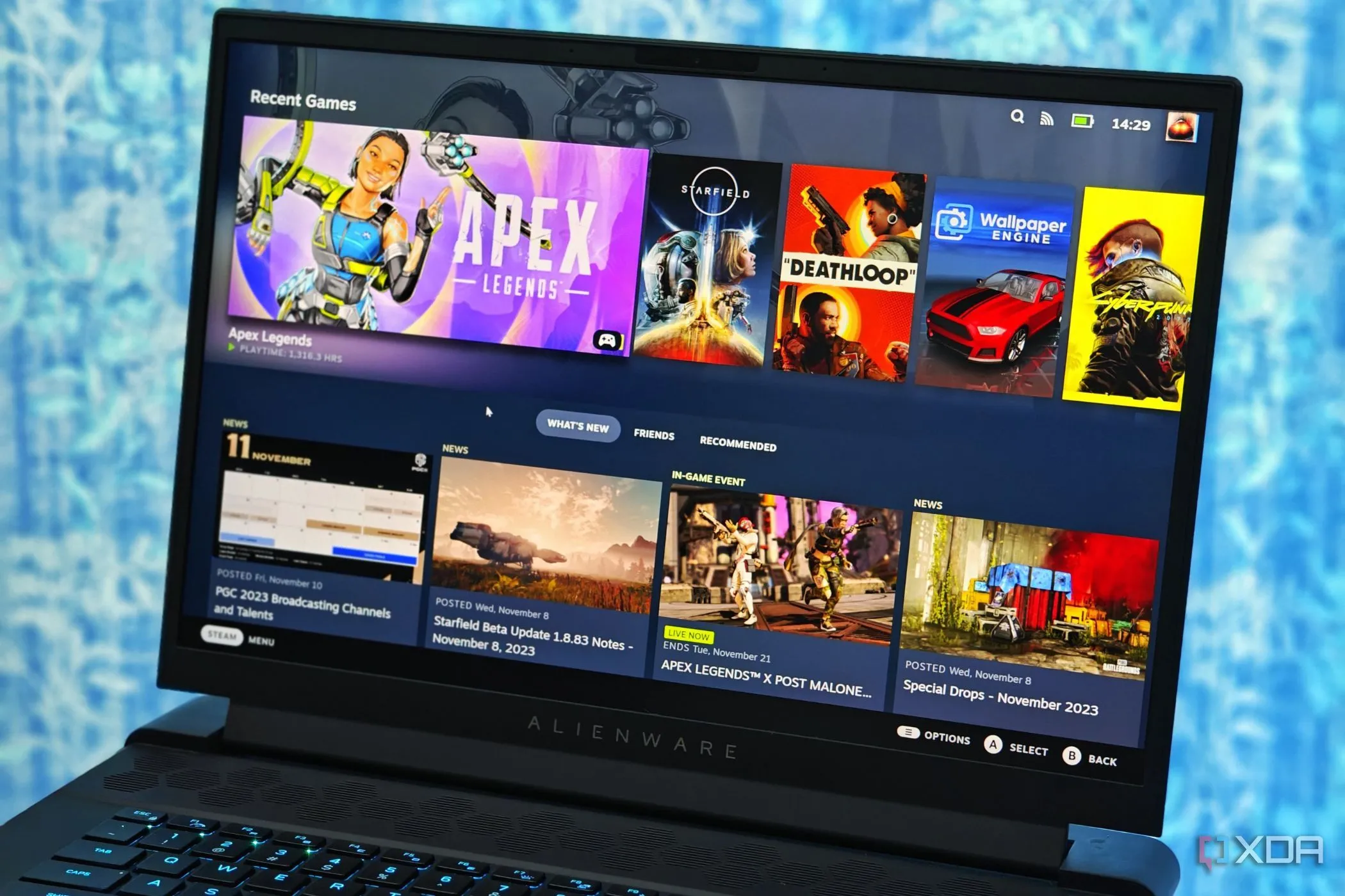 Giao diện Steam Big Picture Mode trên laptop gaming, minh họa các nền tảng game phổ biến
