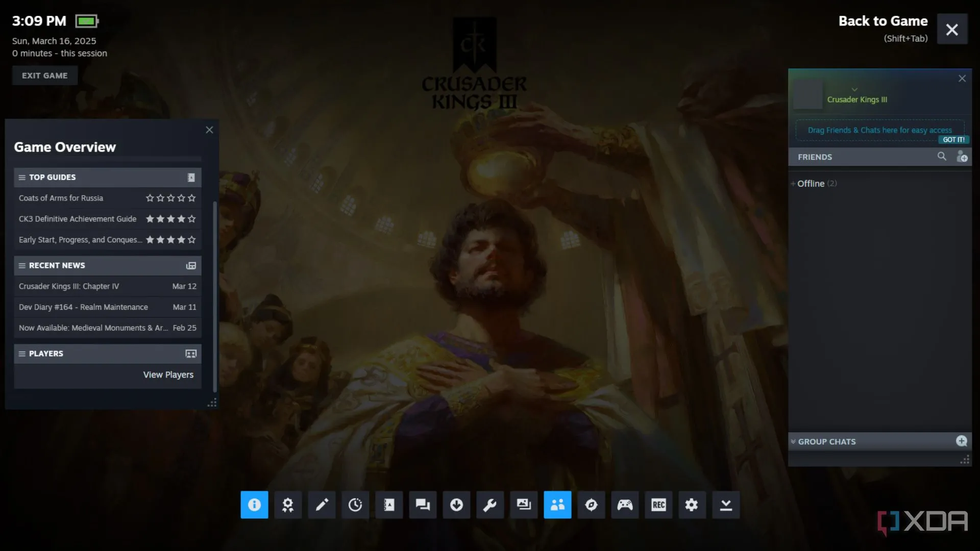 Giao diện Steam Overlay trên màn hình tải game Crusader Kings 3, hiển thị các tính năng hỗ trợ game thủ