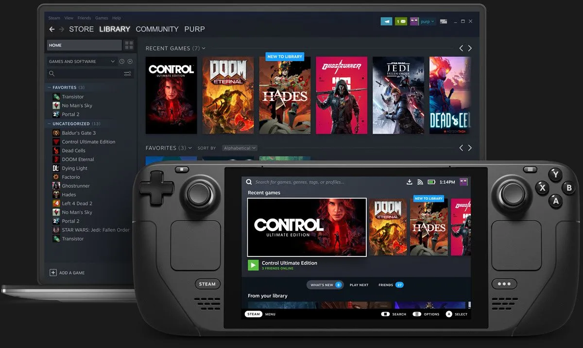 Giao diện Steam trên laptop và SteamOS trên máy chơi game cầm tay Steam Deck, thể hiện sự khác biệt về trải nghiệm người dùng