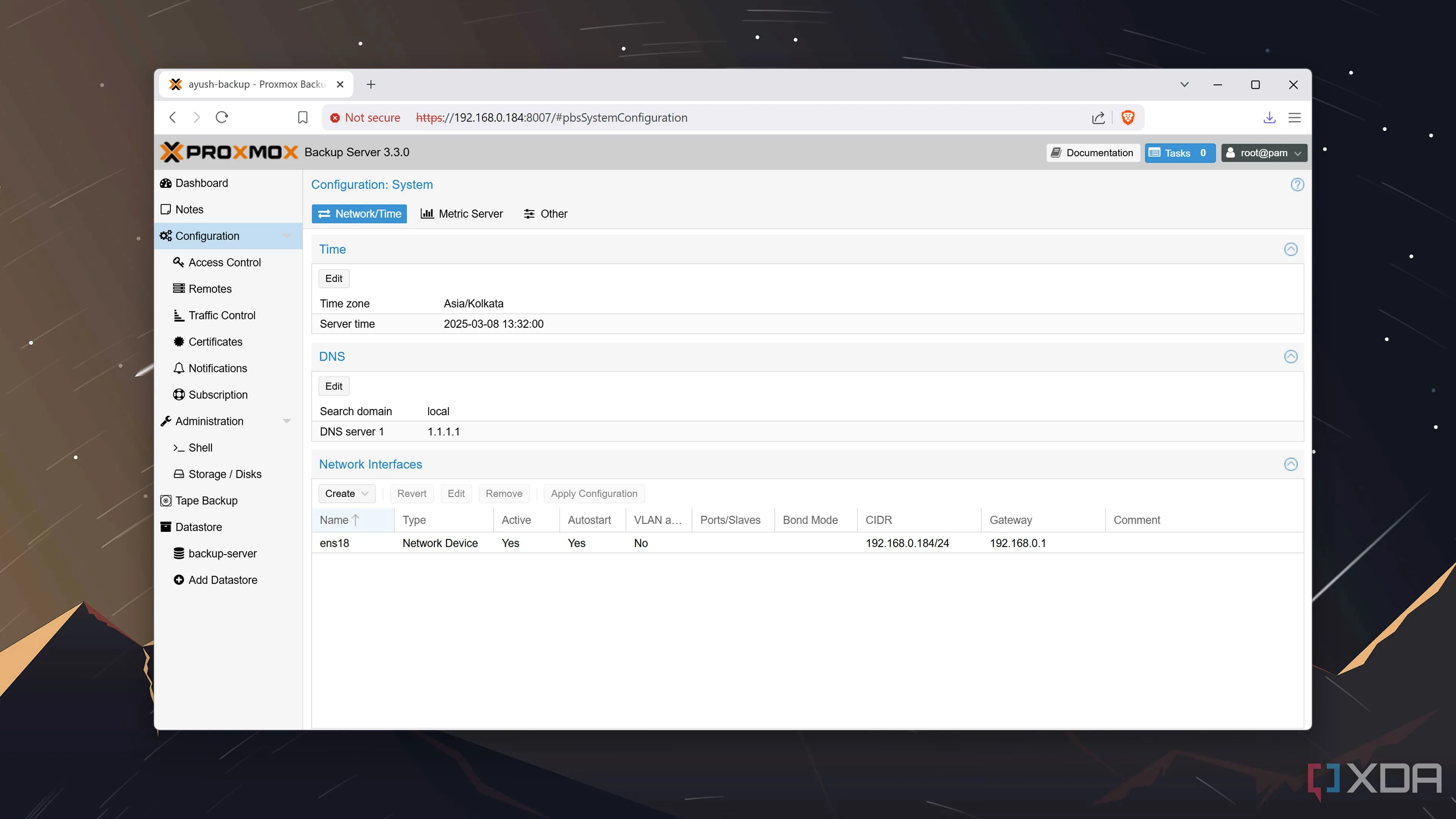 Giao diện tab Configuration trong Proxmox Backup Server để quản lý các cài đặt nâng cao