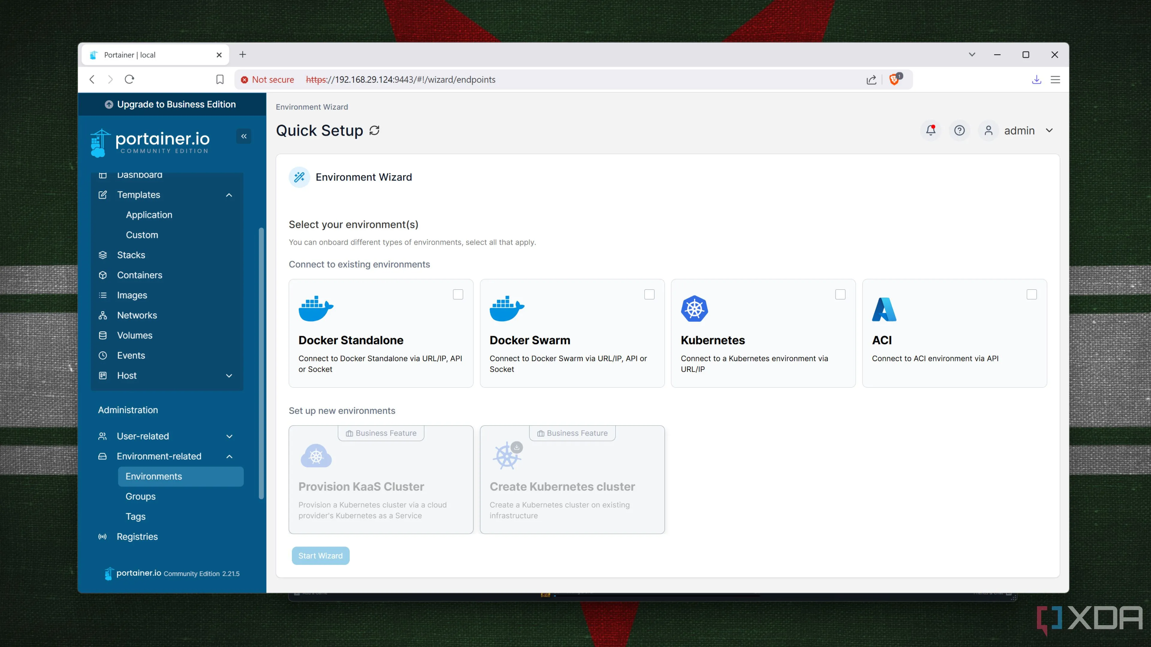 Giao diện tab Environment trong Portainer, hiển thị thông tin môi trường của Docker