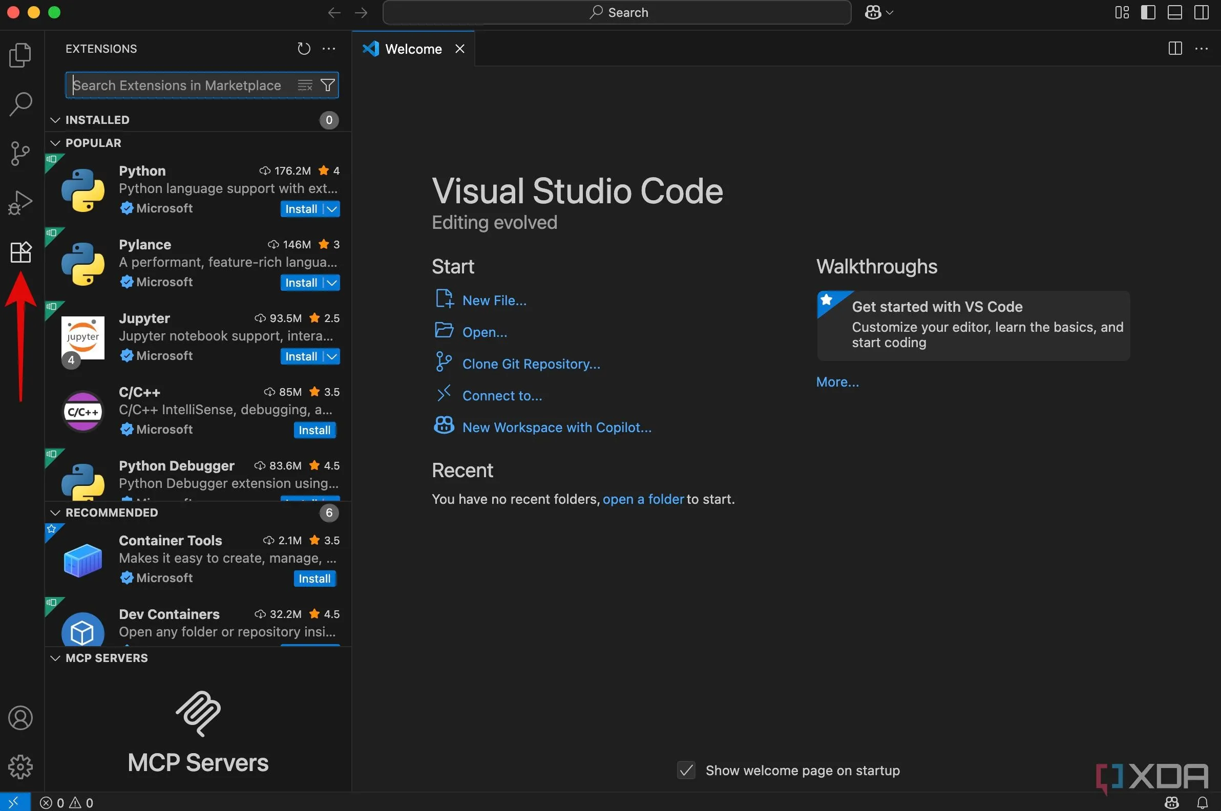 Giao diện tab Extensions (Tiện ích mở rộng) trong Visual Studio Code
