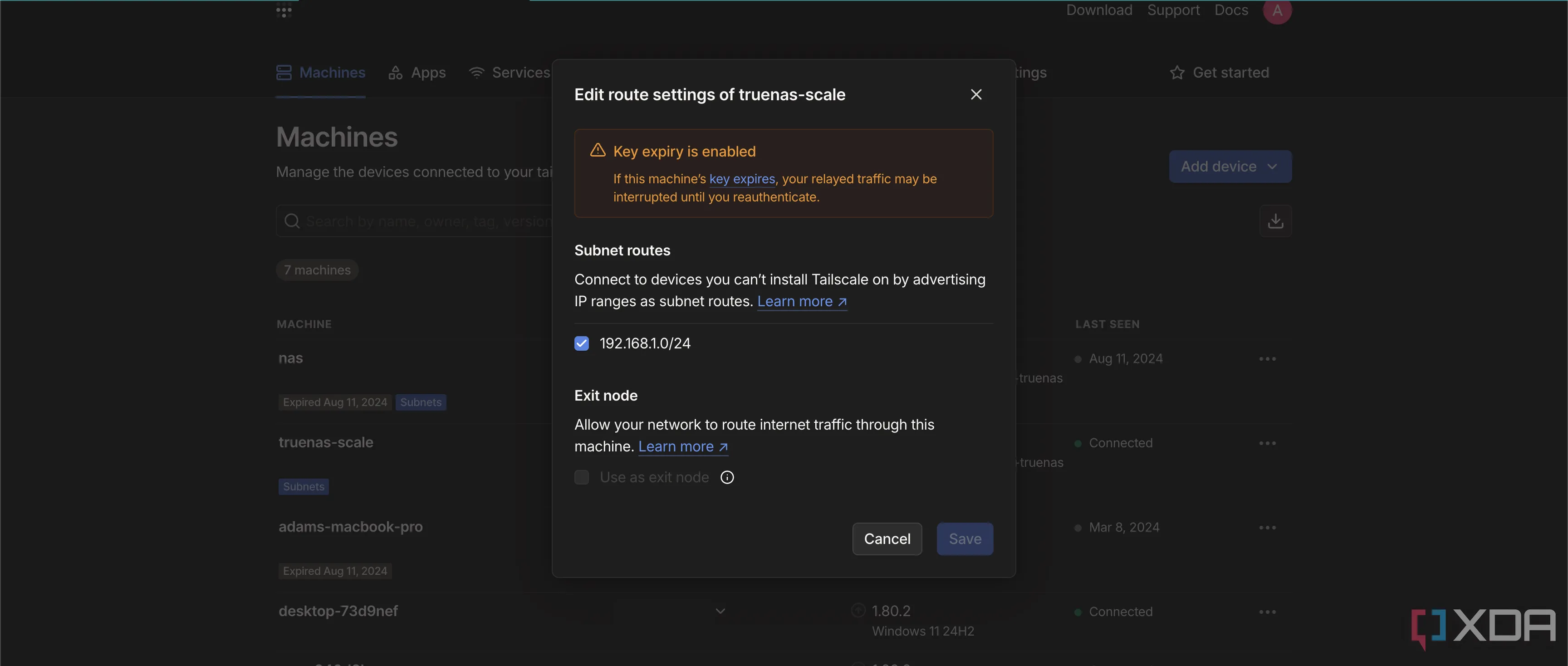 Giao diện Tailscale admin console cho phép kích hoạt tuyến đường Subnet