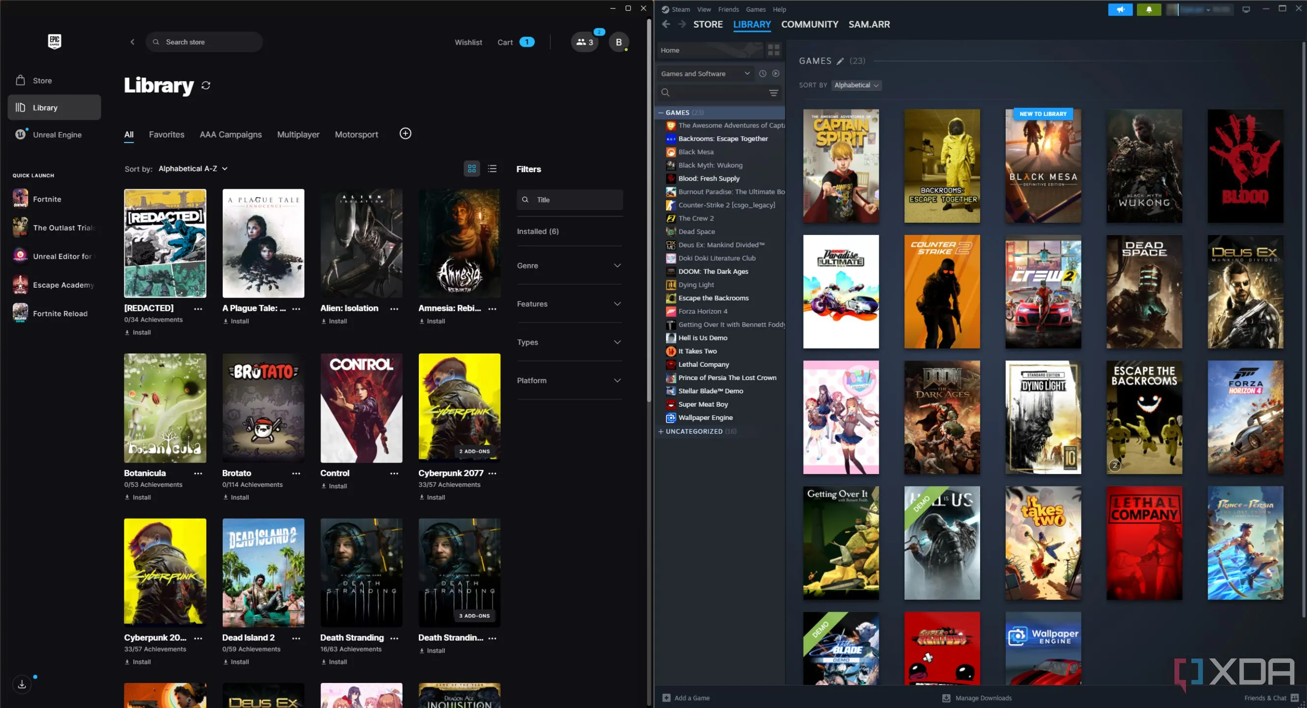 Giao diện thư viện game Steam và Epic Games Store, minh họa khả năng tích hợp trên Xbox