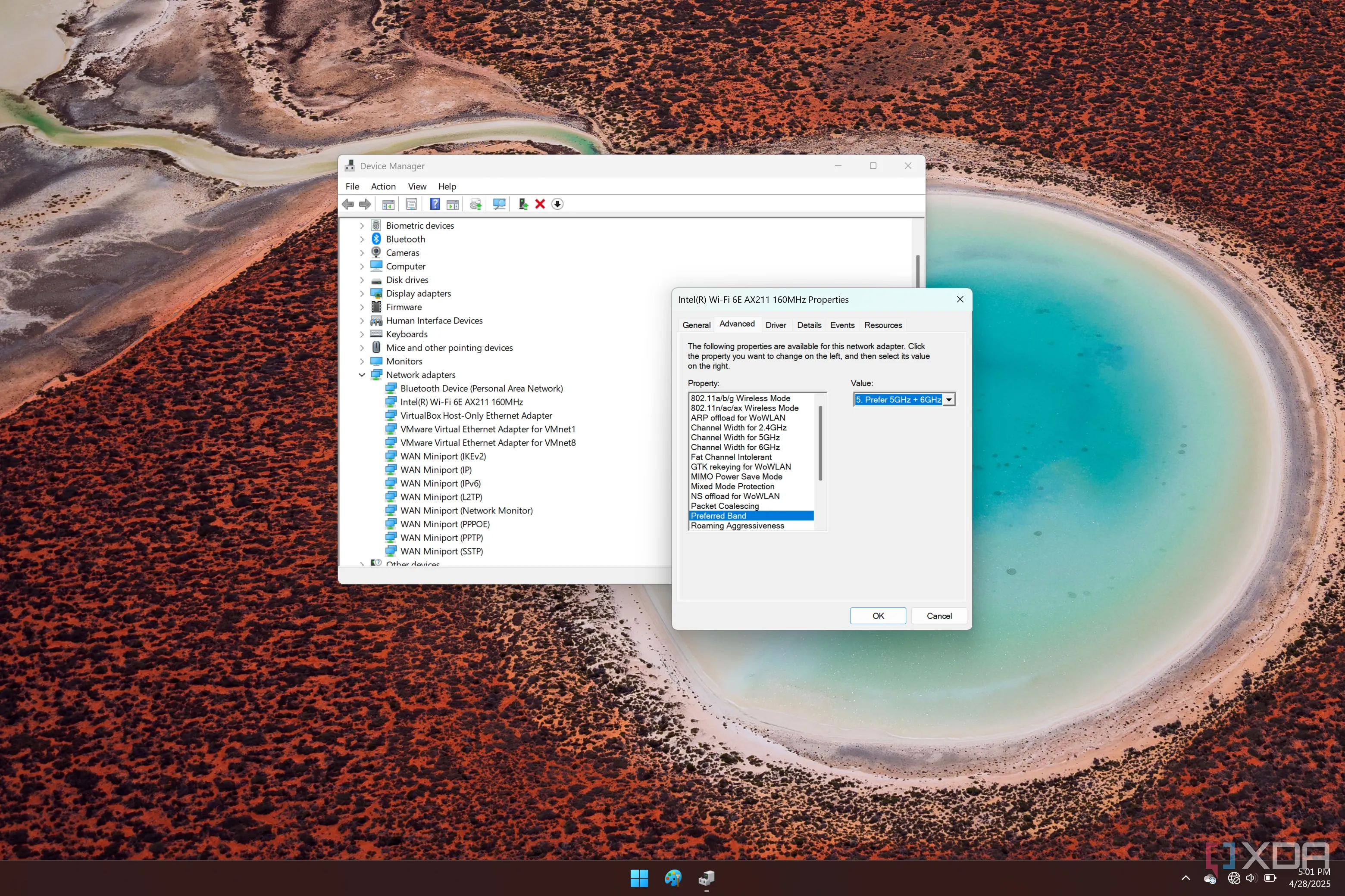 Giao diện thuộc tính của bộ điều hợp Wi-Fi để cài đặt nâng cao