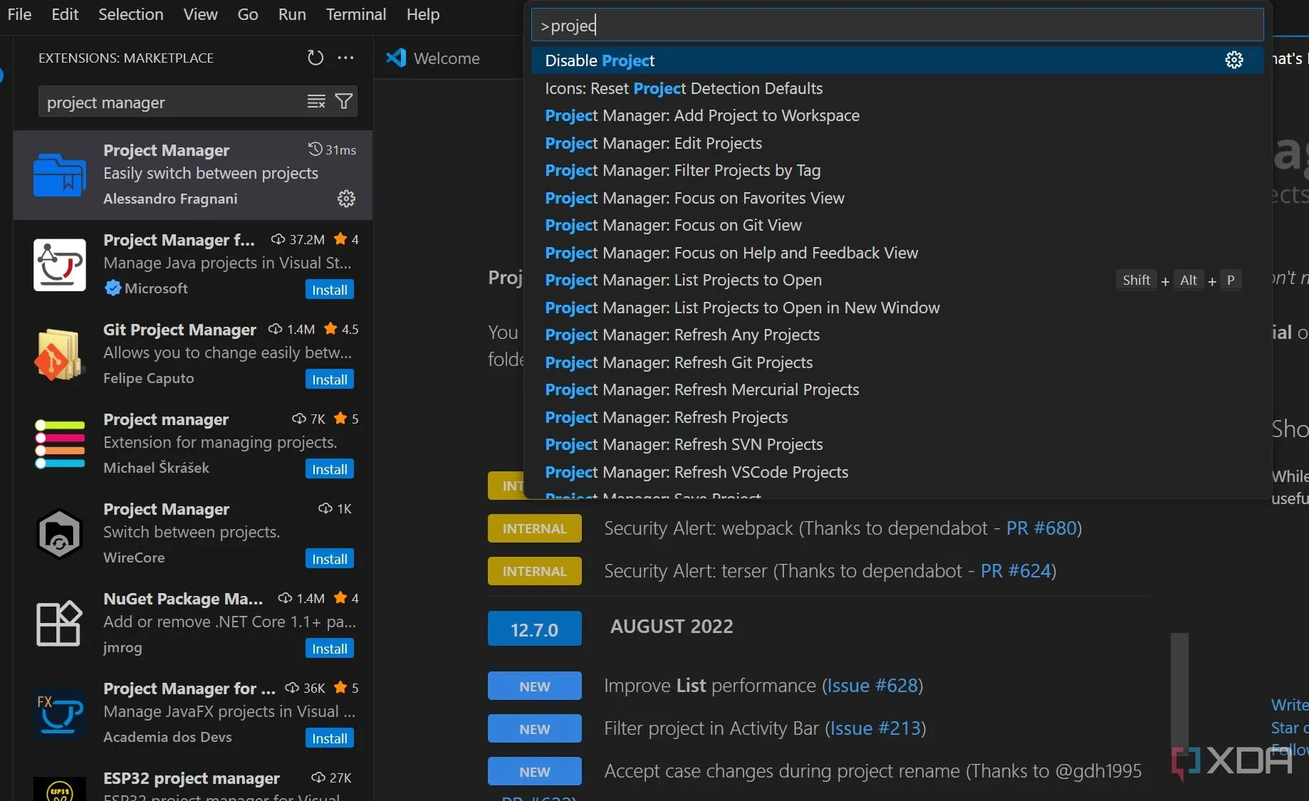 Giao diện tiện ích Project Manager trong VS Code, hiển thị danh sách các dự án và cách quản lý chúng tập trung