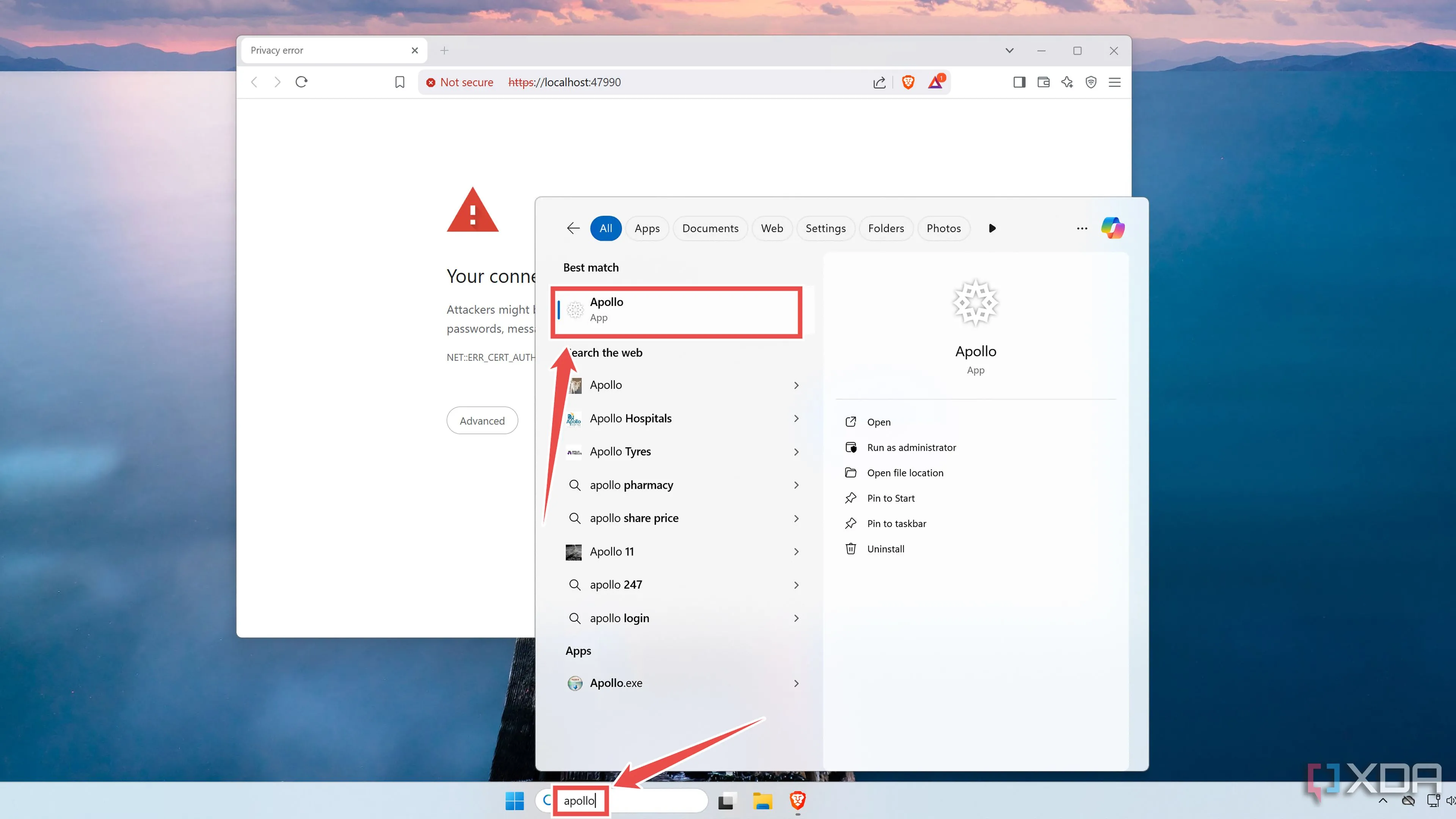 Giao diện tìm kiếm và khởi chạy Apollo server trên Windows