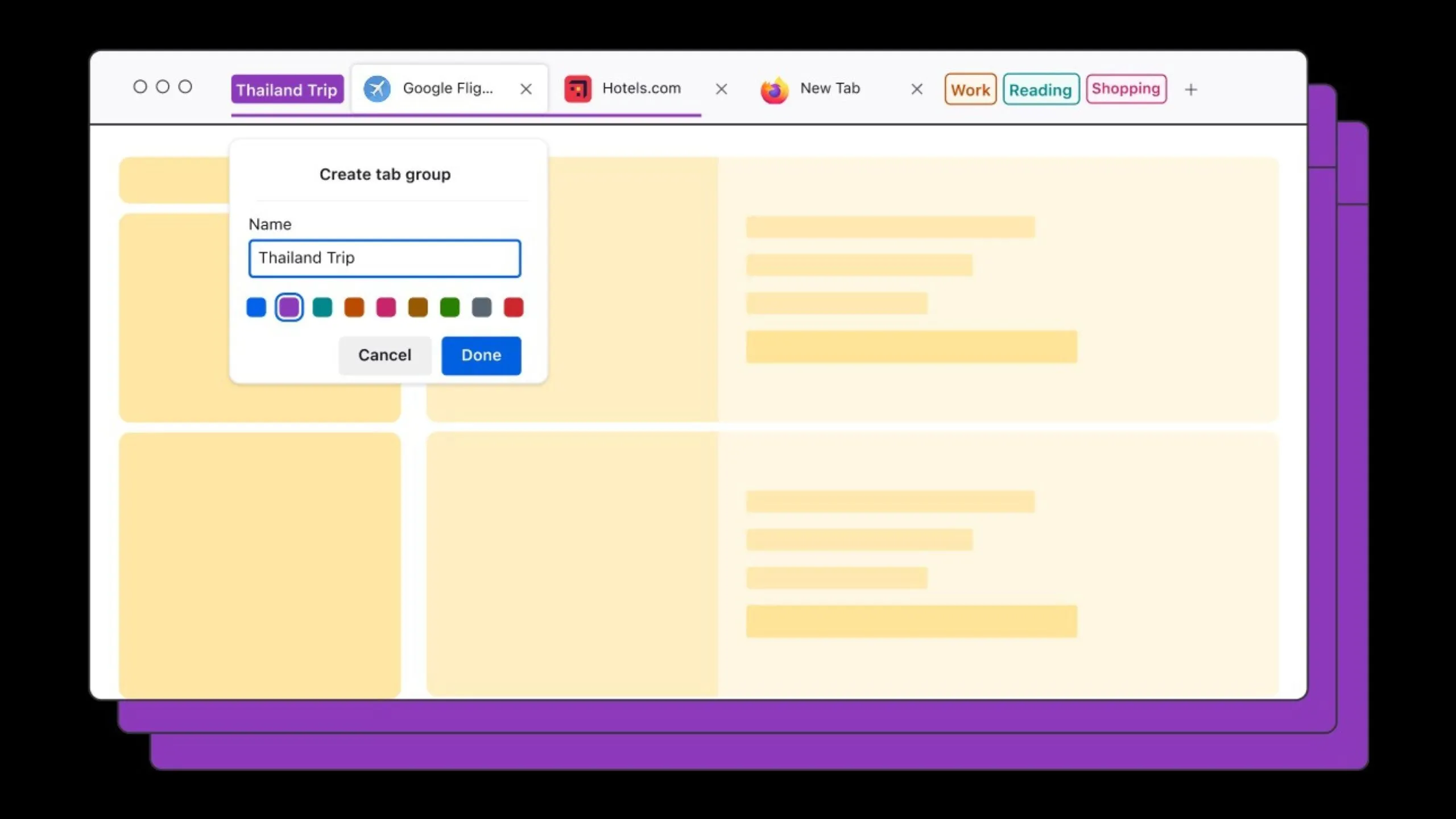Giao diện tính năng nhóm tab trong Firefox với các tab được sắp xếp gọn gàng theo màu sắc và tên