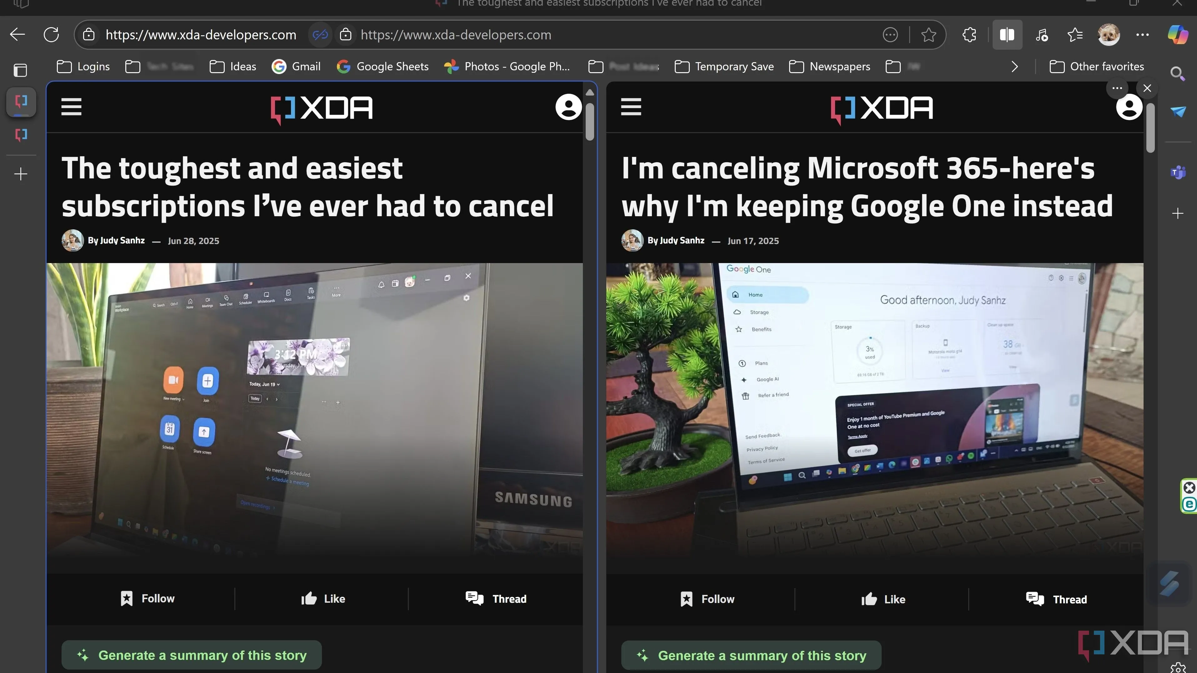 Giao diện tính năng Split Screen (Chia đôi màn hình) của Microsoft Edge, hiển thị hai trang web song song trong cùng một cửa sổ.