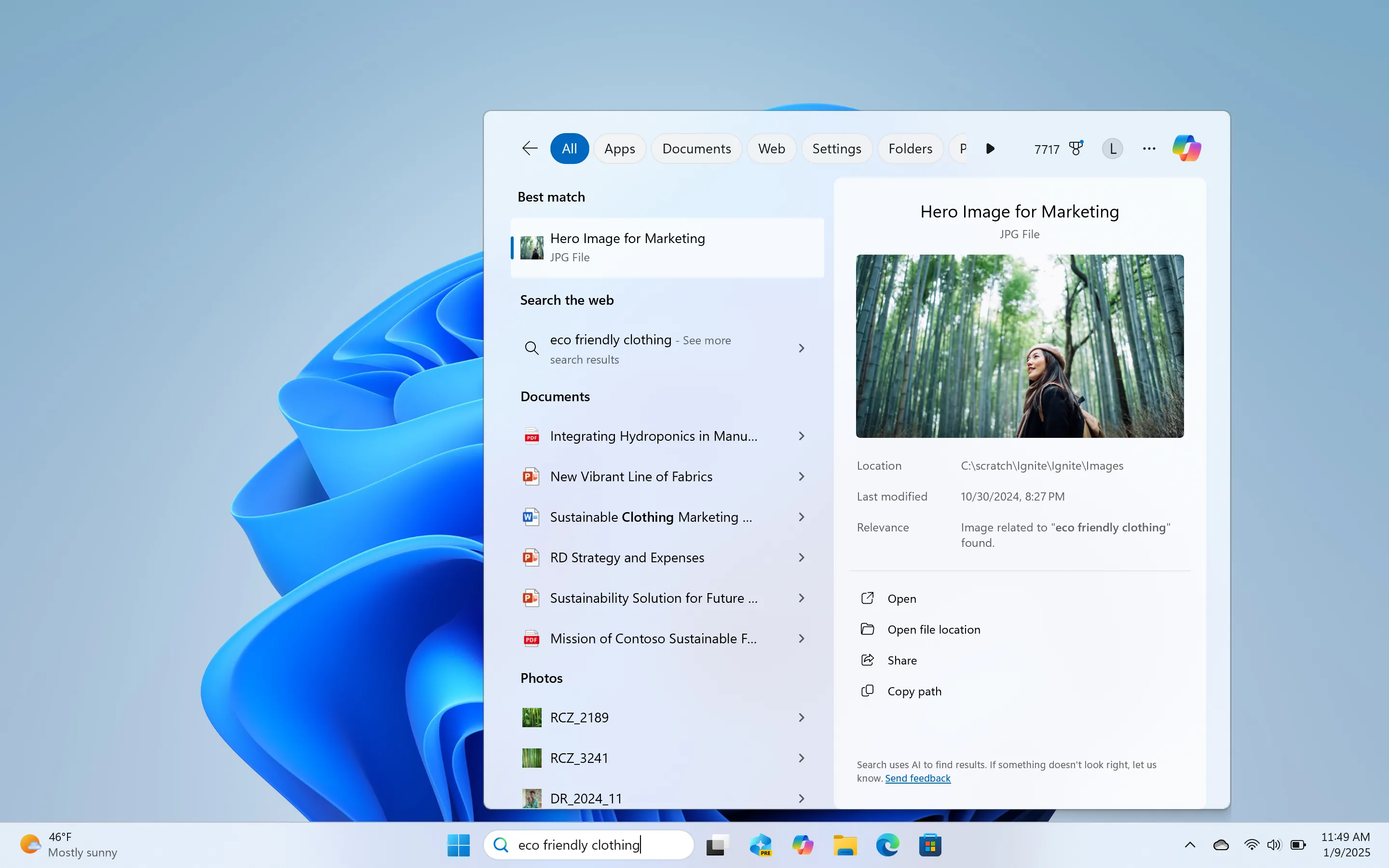 Giao diện tính năng tìm kiếm AI ngữ cảnh mới trên thanh tác vụ Windows 11