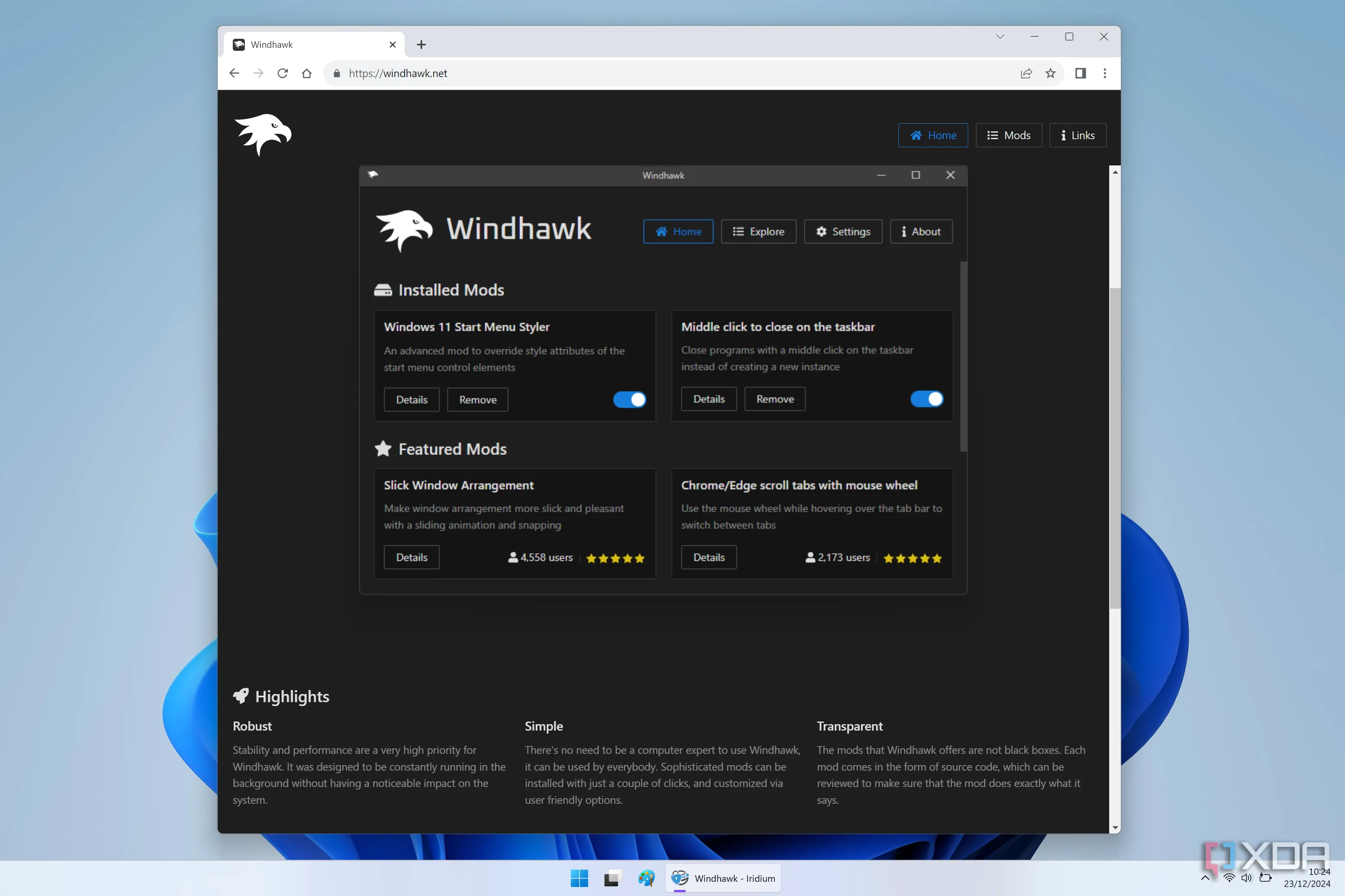 Giao diện trang chủ Windhawk với mô tả tính năng nổi bật