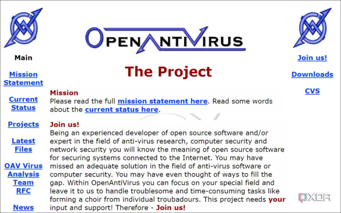 Giao diện trang web chính của The OpenAntivirus Project, giới thiệu các công cụ bảo mật mã nguồn mở