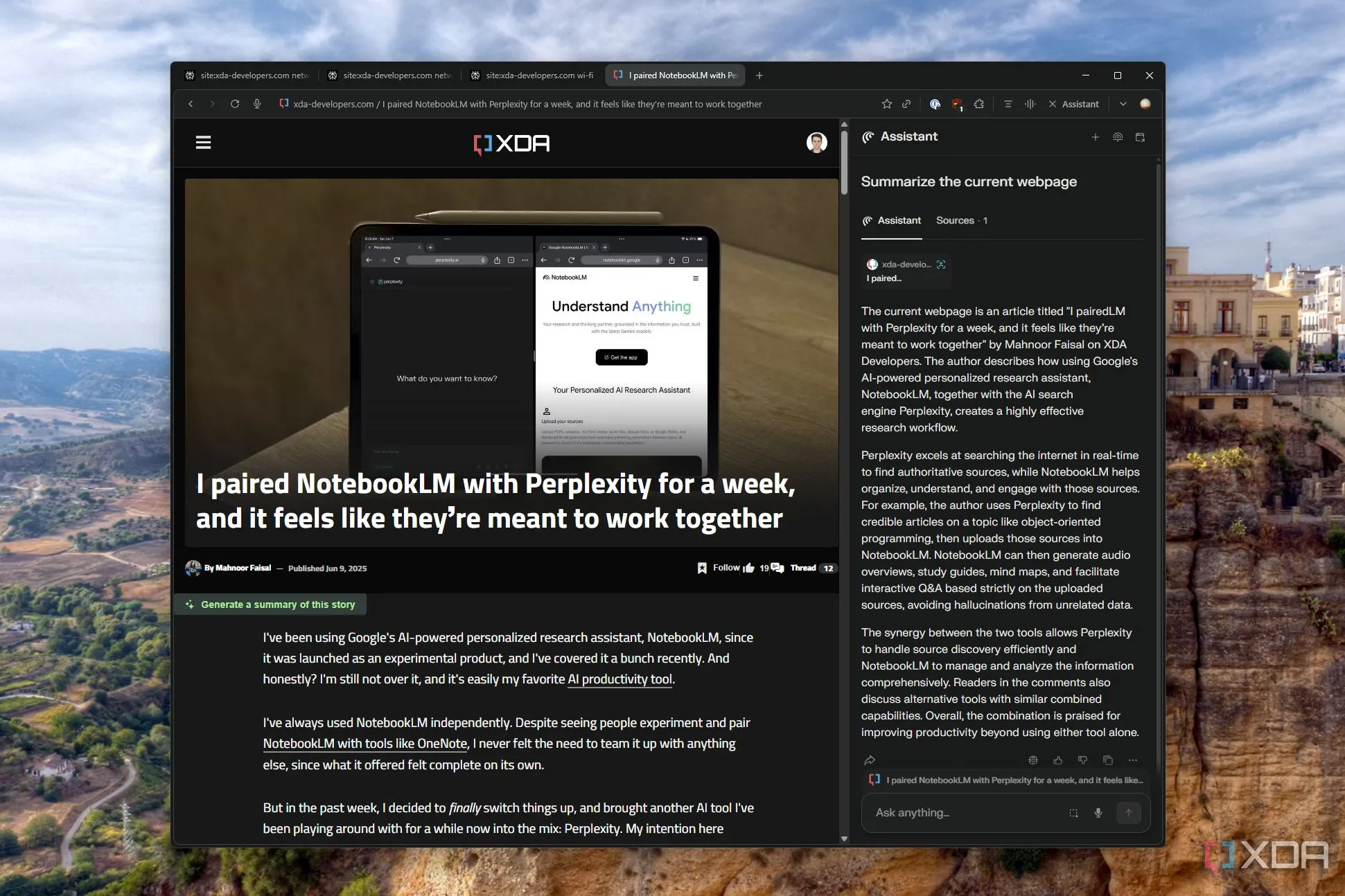 Giao diện trình duyệt Perplexity Comet hiển thị trang web XDA Developers