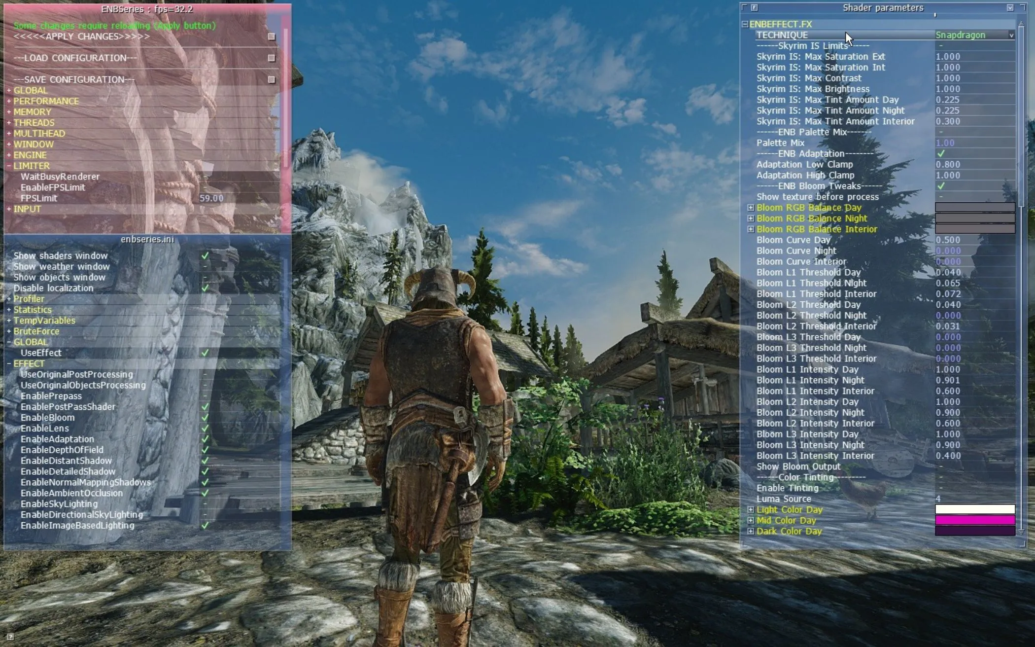 Giao diện tùy chỉnh ENBSeries trong game Skyrim, cho phép người dùng điều chỉnh hiệu ứng hậu xử lý đồ họa