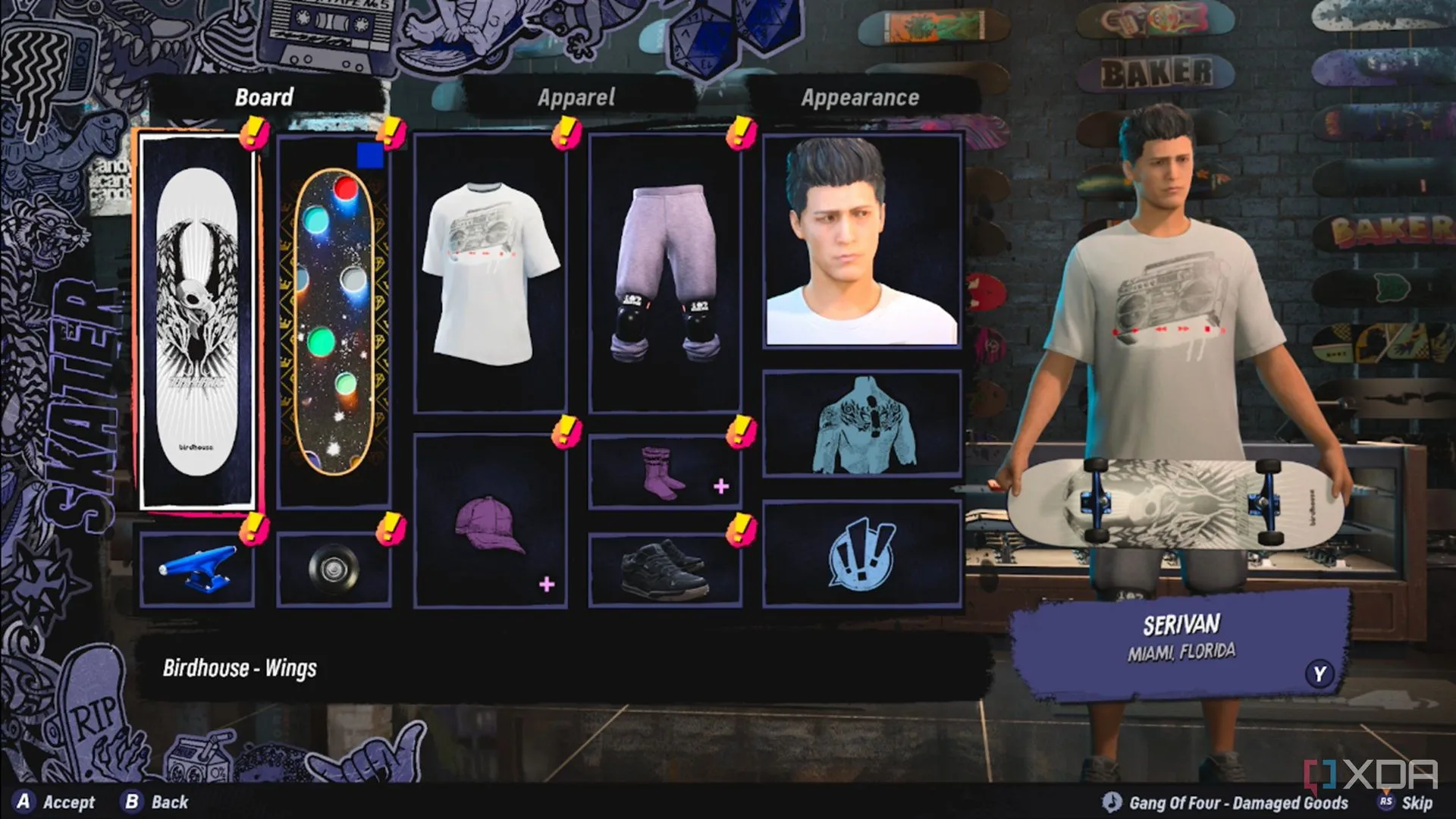 Giao diện tùy chọn Create-A-Skater trong Tony Hawk's Pro Skater 3+4 với nhiều tùy chỉnh trang phục