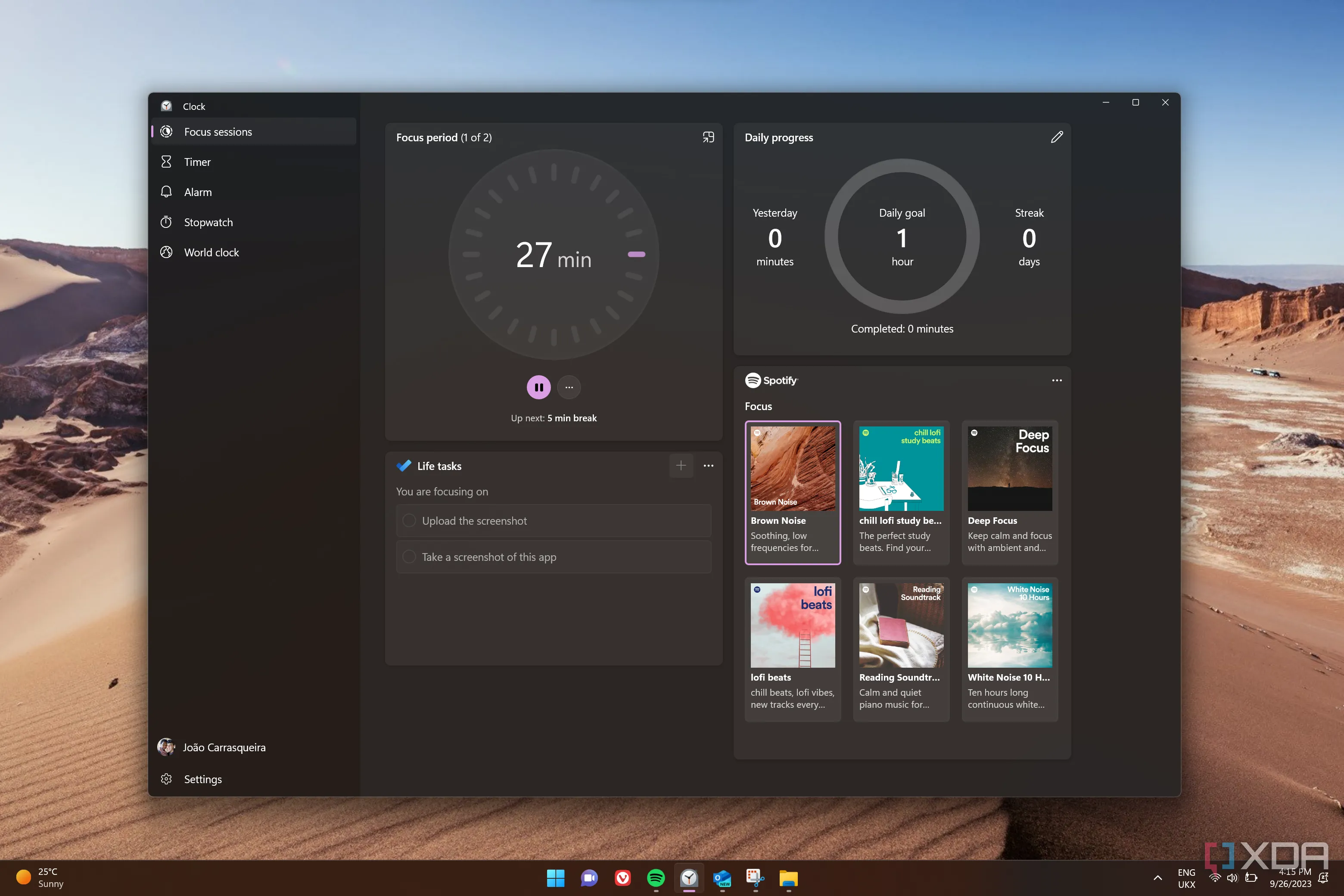 Giao diện ứng dụng Đồng hồ trên Windows 11 hiển thị trang Focus sessions