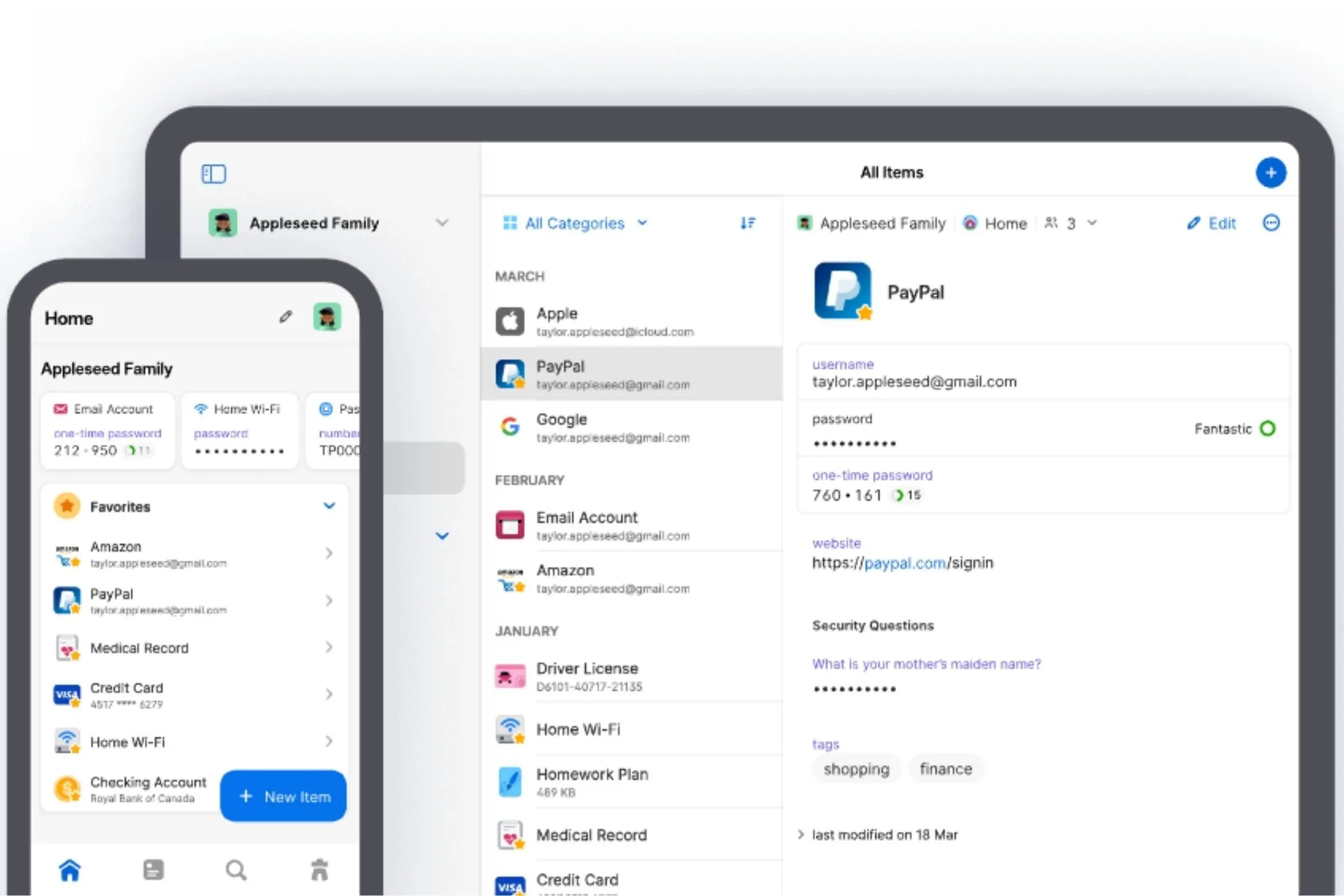 Giao diện ứng dụng quản lý mật khẩu 1Password trên điện thoại di động và máy tính bảng, thể hiện khả năng đồng bộ đa thiết bị của tiện ích.