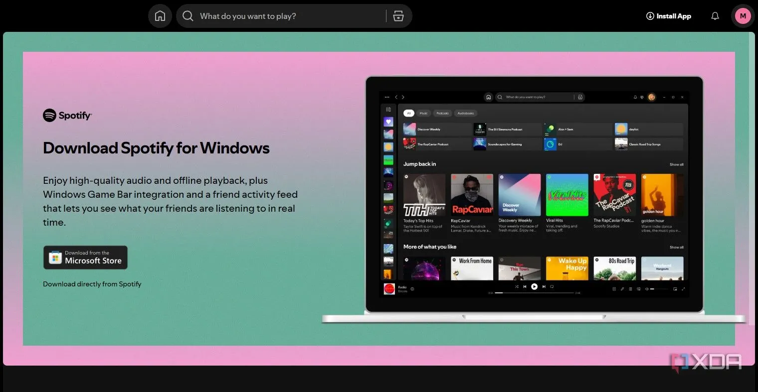Giao diện ứng dụng Spotify với các tính năng độc quyền không có trên phiên bản web, minh họa hạn chế của ứng dụng web