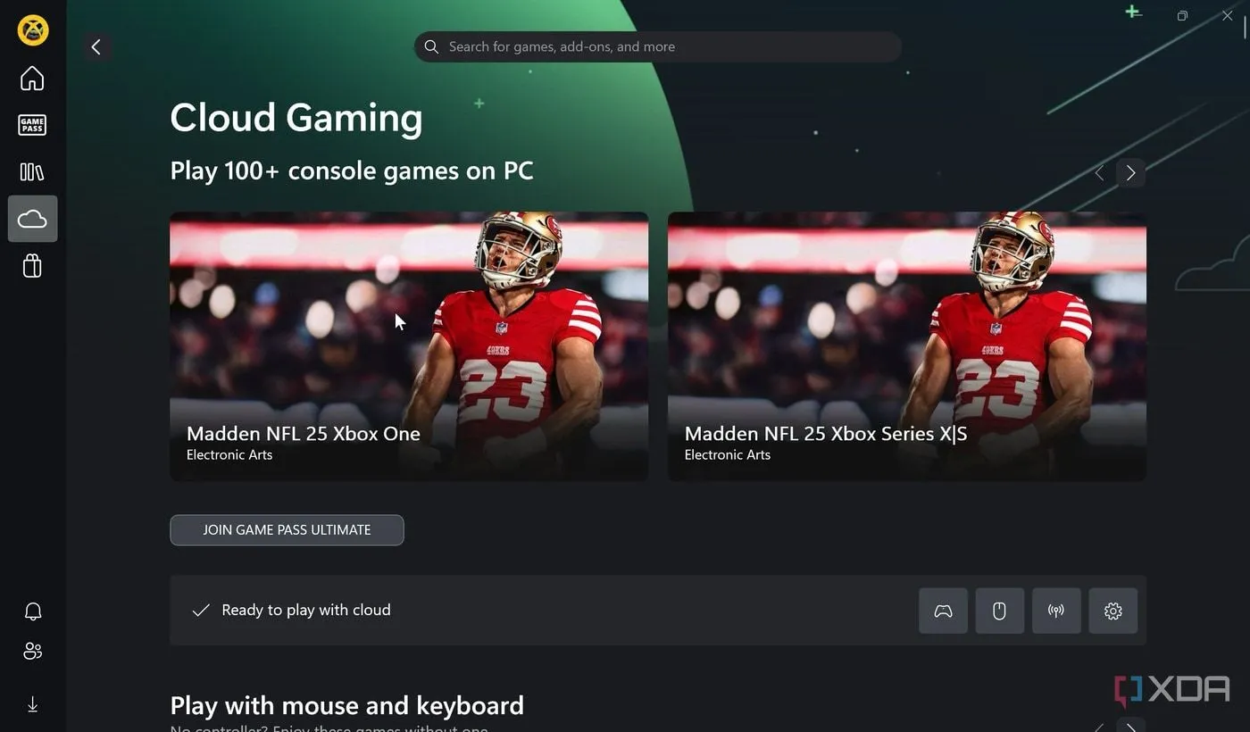 Giao diện ứng dụng Xbox trên Windows 11 hiển thị các tựa game hỗ trợ chơi qua đám mây, minh họa giải pháp stream game cho PC phòng khách.