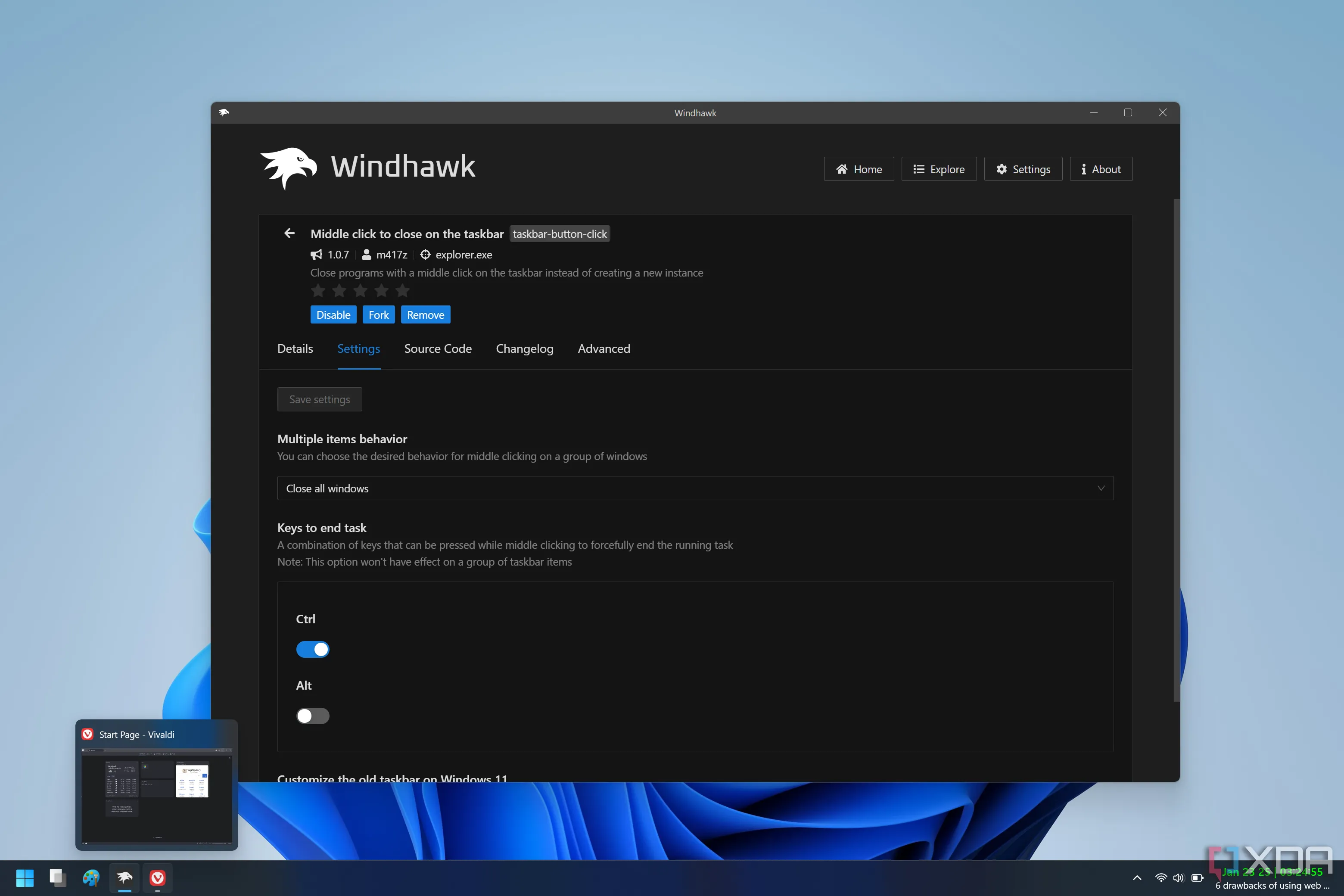 Giao diện Windhawk hiển thị mod cho phép nhấp chuột giữa để đóng ứng dụng trên Taskbar Windows 11