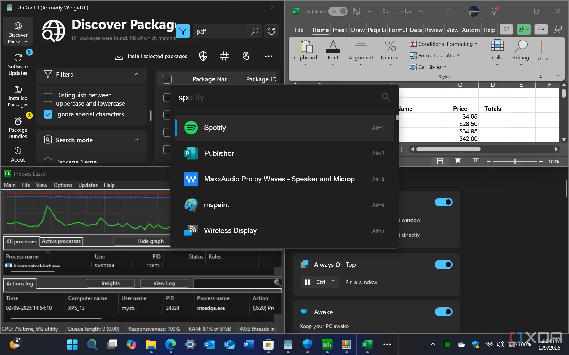 Giao diện Windows 11 hiển thị các công cụ UniGetUI, Excel, Project Lasso và PowerToys, thể hiện môi trường làm việc đa nhiệm và năng suất cao