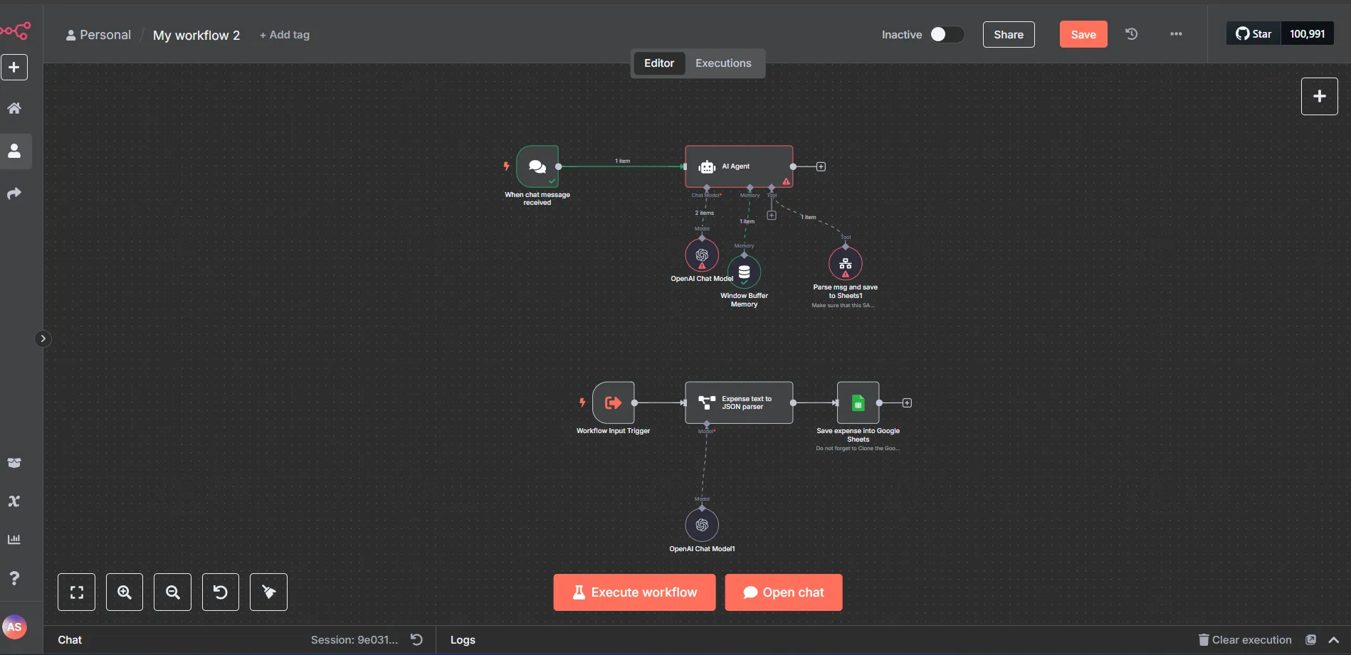 Giao diện workflow n8n với các node được kết nối, minh họa quy trình tự động hóa theo dõi chi tiêu