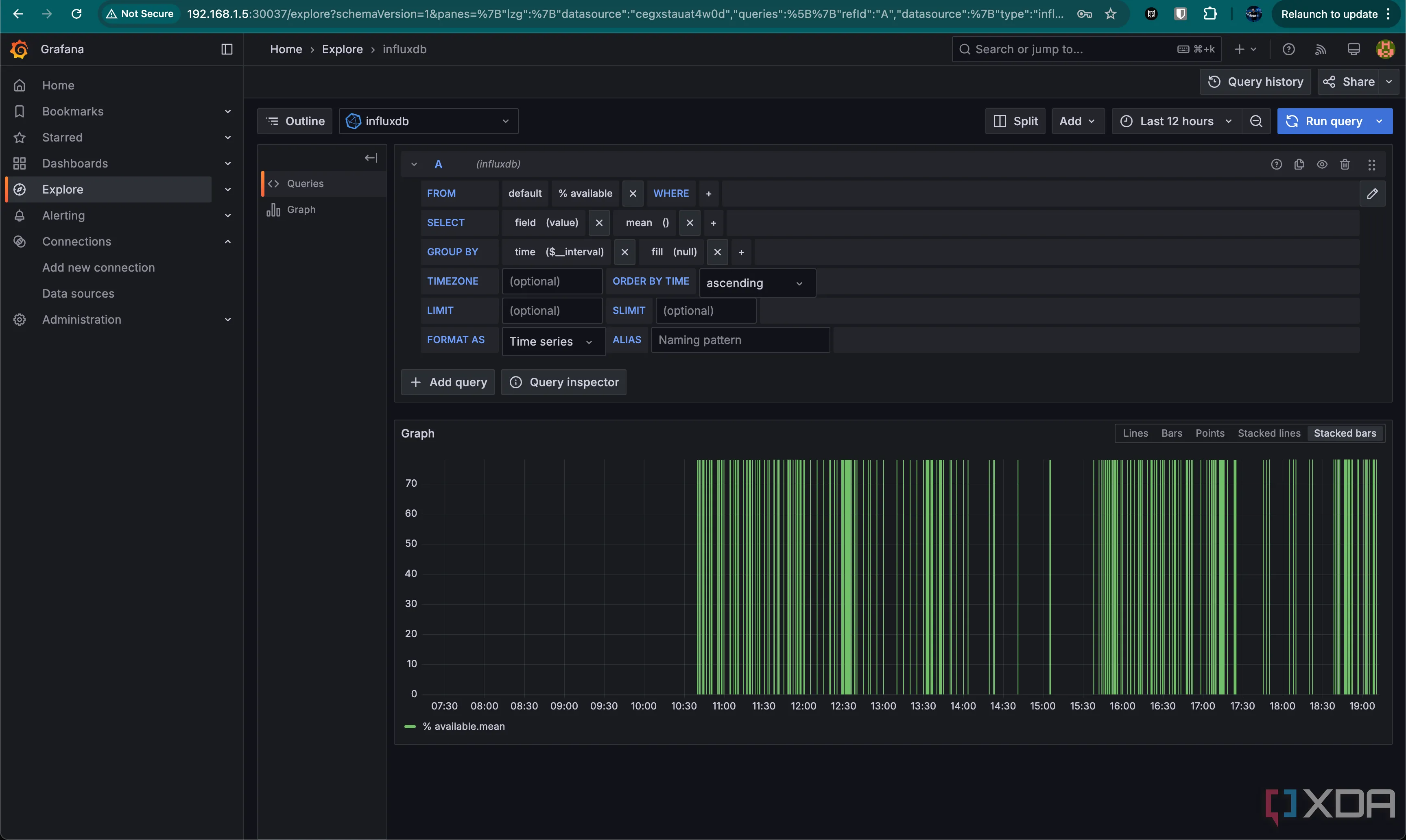 Giao diện xây dựng truy vấn của Grafana để chọn và lọc dữ liệu từ InfluxDB