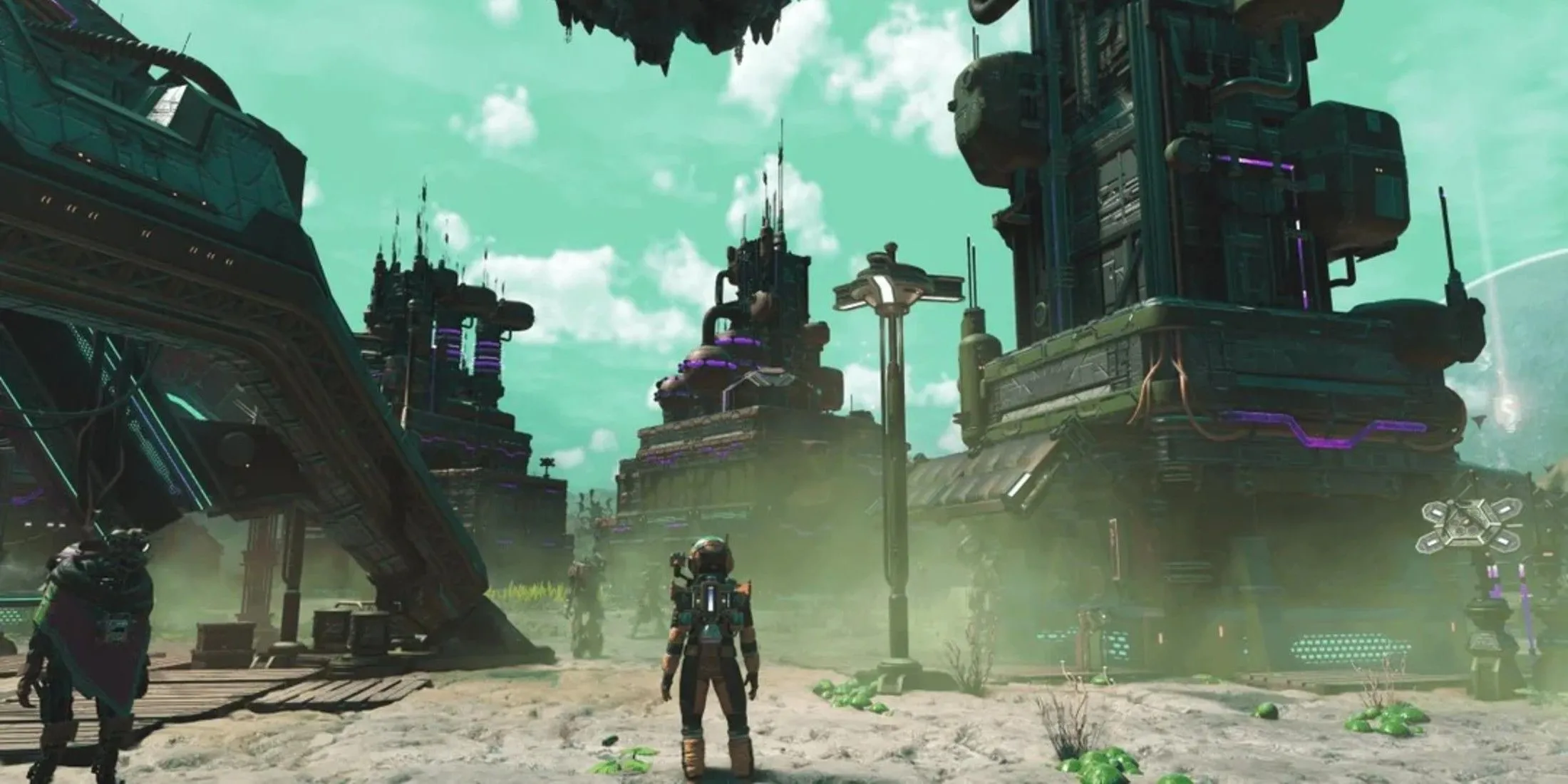Góc nhìn cận cảnh phi thuyền đang hạ cánh trên một hành tinh xanh rực rỡ trong No Man's Sky.