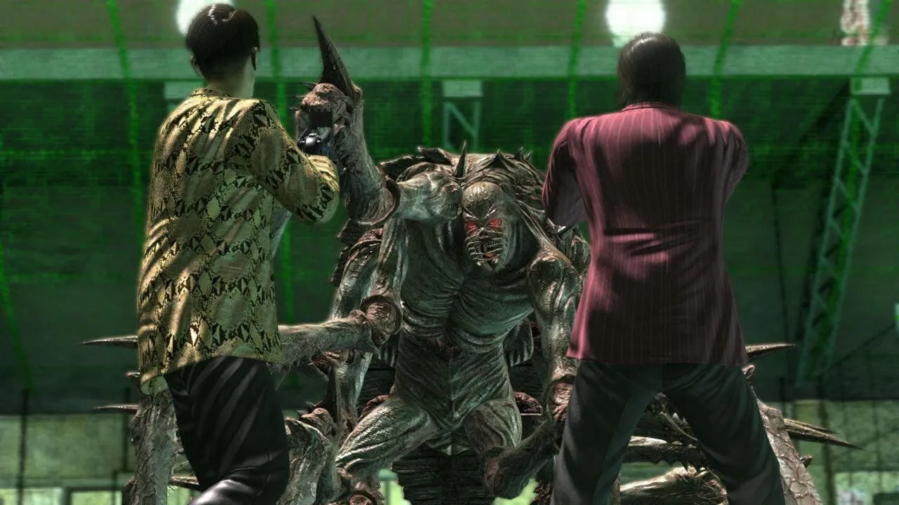Goro Majima bắn zombie trong game Yakuza: Dead Souls