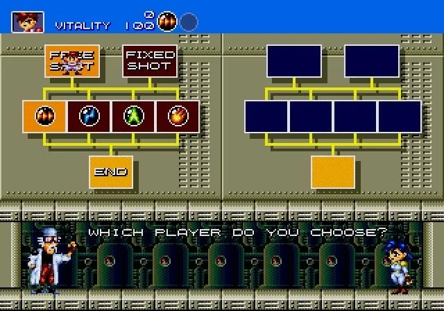 Gunstar Heroes: Cảnh gameplay với nhân vật chính đang bắn vào kẻ thù trong một môi trường đầy màu sắc và hiệu ứng