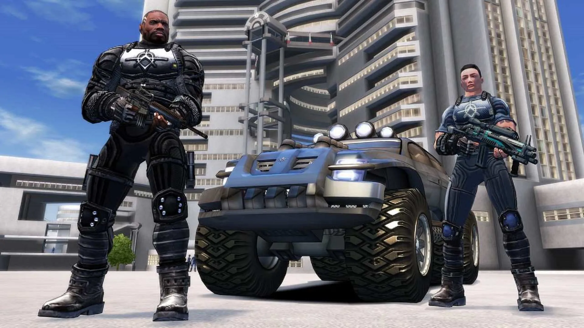 Hai đặc vụ đang lái xe tải bọc thép trên đường phố của thành phố Pacific trong game Crackdown, thể hiện phong cách sandbox hành động